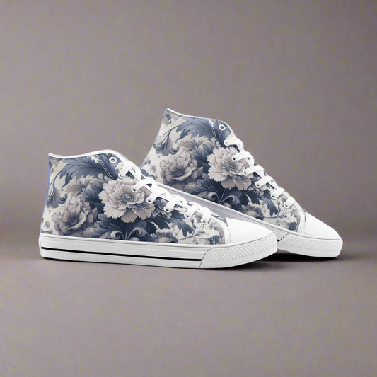 Unisex Antique Periwinkle and White Floral High Top Canvas Shoes