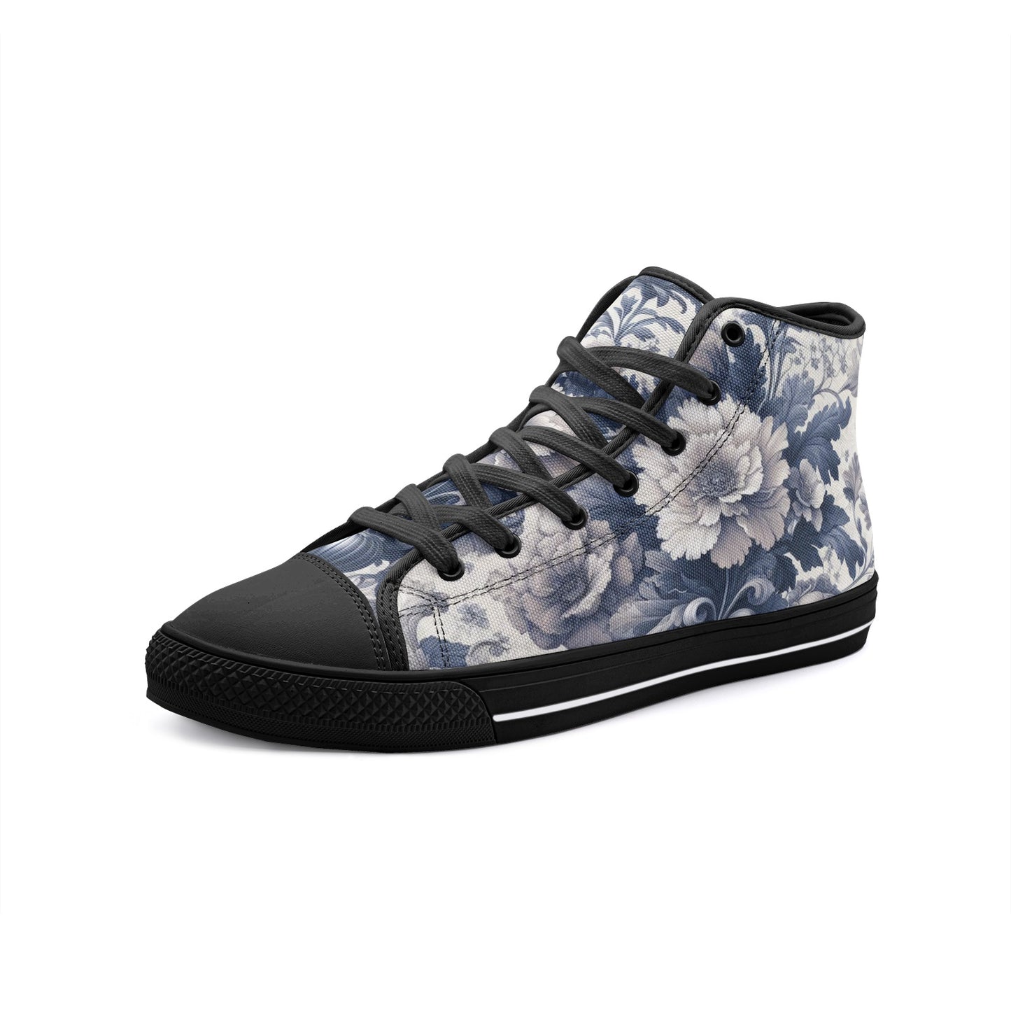 Unisex Antique Periwinkle and White Floral High Top Canvas Shoes