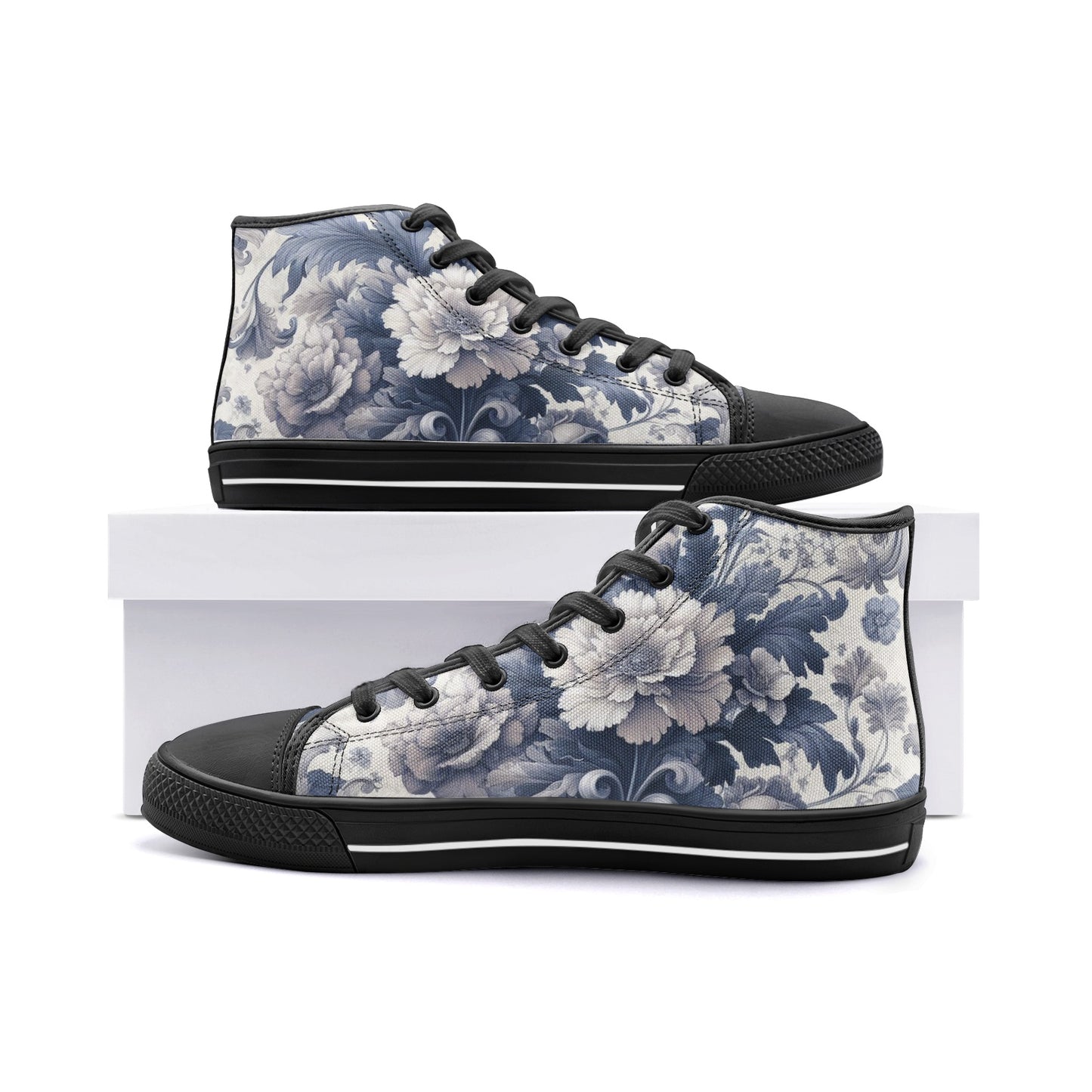 Unisex Antique Periwinkle and White Floral High Top Canvas Shoes