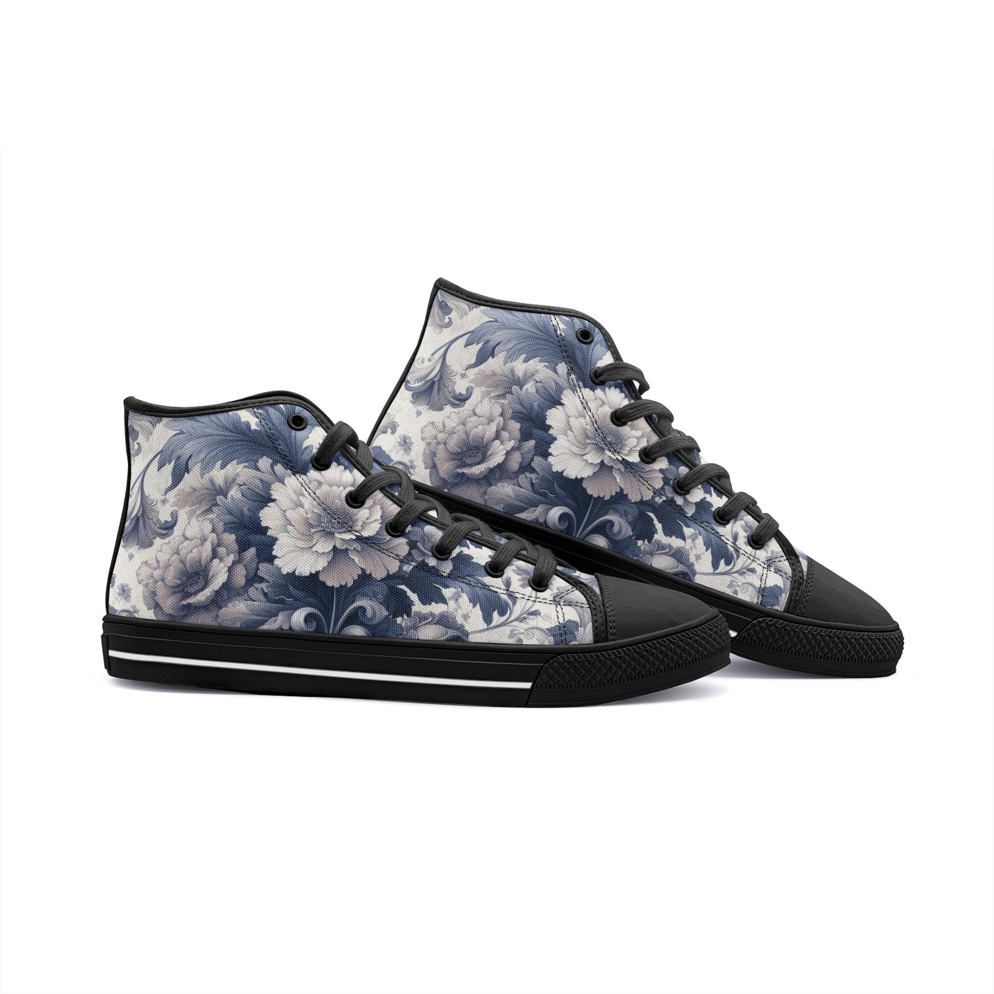 Unisex Antique Periwinkle and White Floral High Top Canvas Shoes