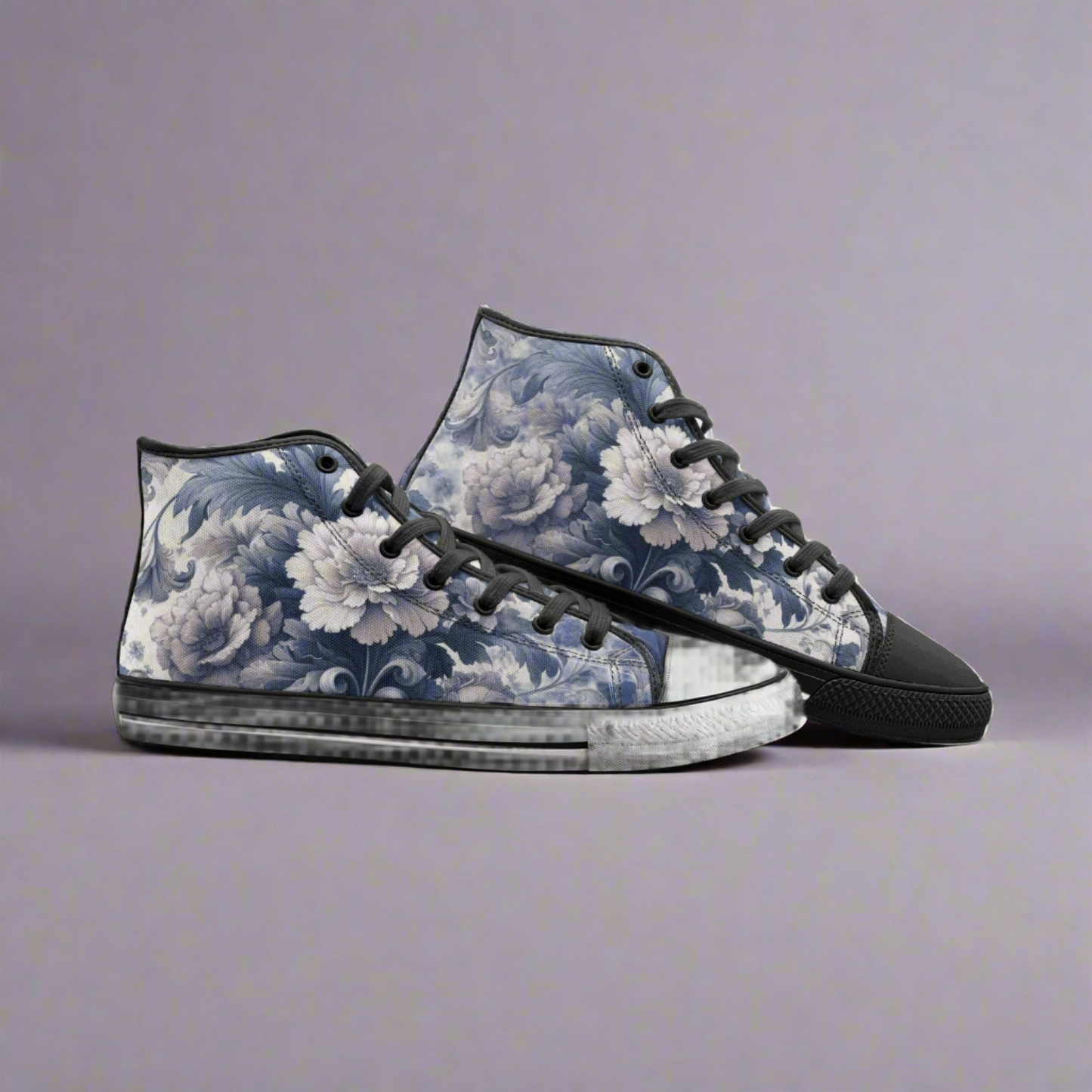 Unisex Antique Periwinkle and White Floral High Top Canvas Shoes