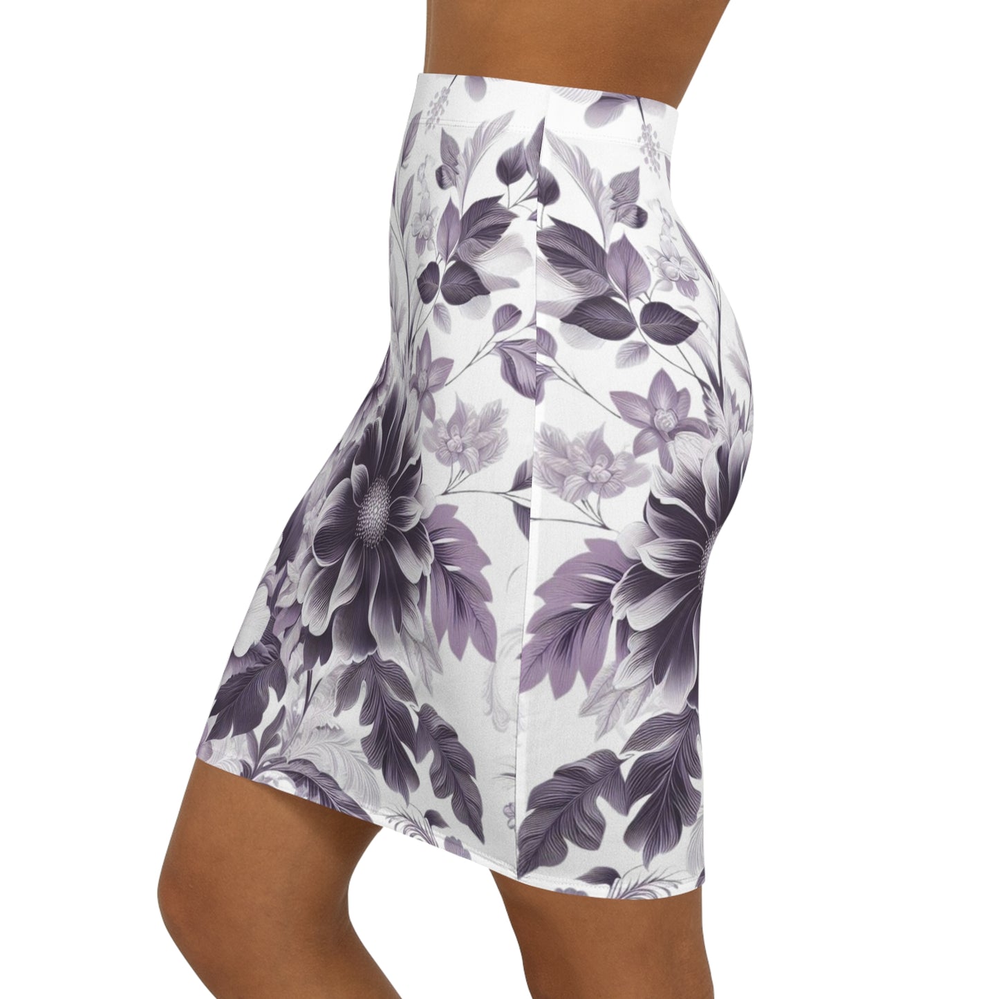 Women's Lavender Floral Mid-Waist Pencil Skirt - Classic and Sleek Style - Stretchy and Versatile