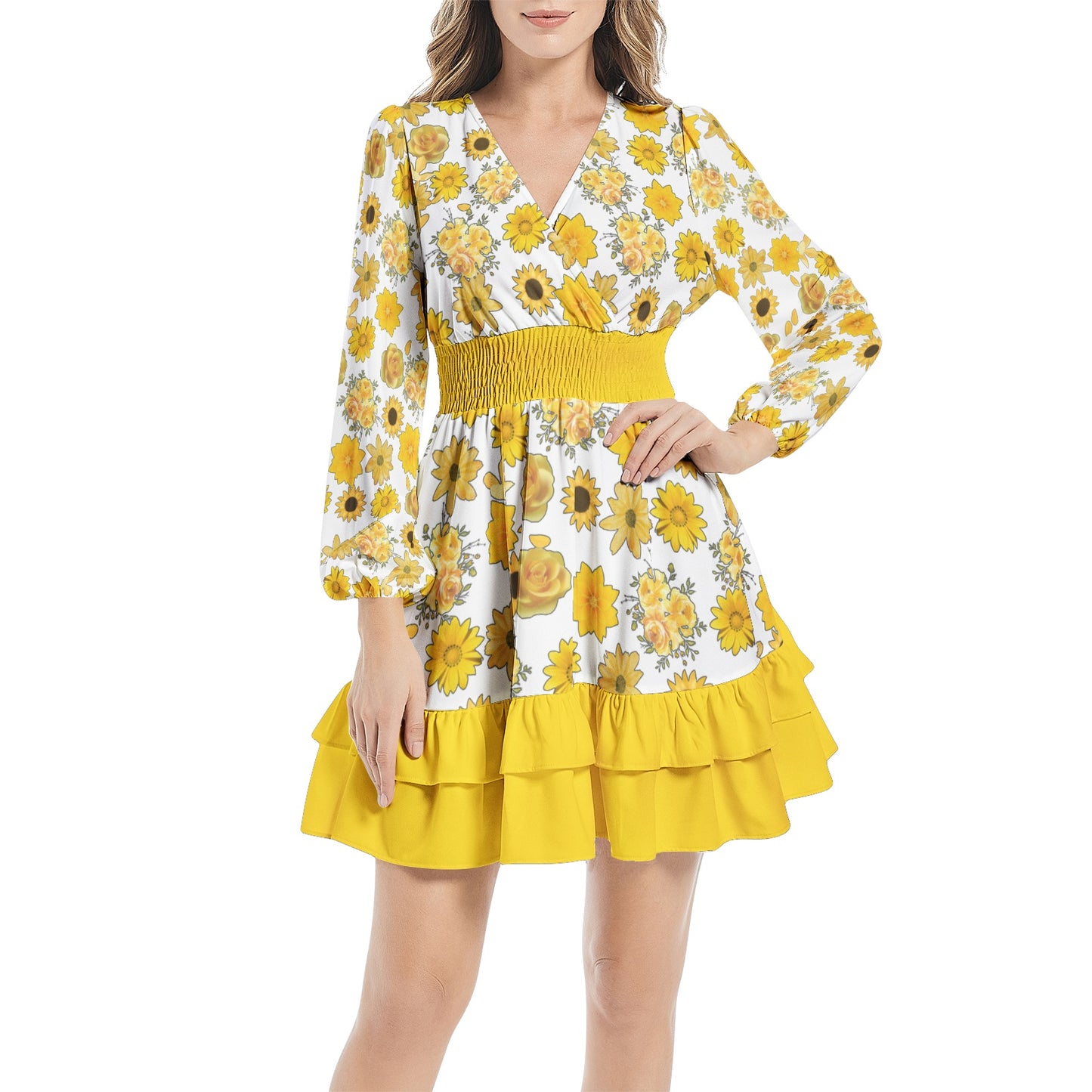 Yellow Floral Long Sleeve Dress - Tiered Ruffle Hem for Summer - Misfit Marketing Design Studios