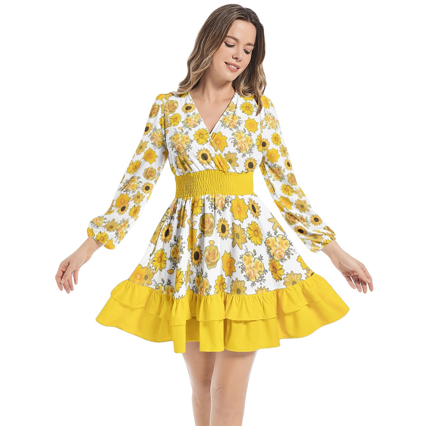 Yellow Floral Long Sleeve Dress - Tiered Ruffle Hem for Summer - Misfit Marketing Design Studios