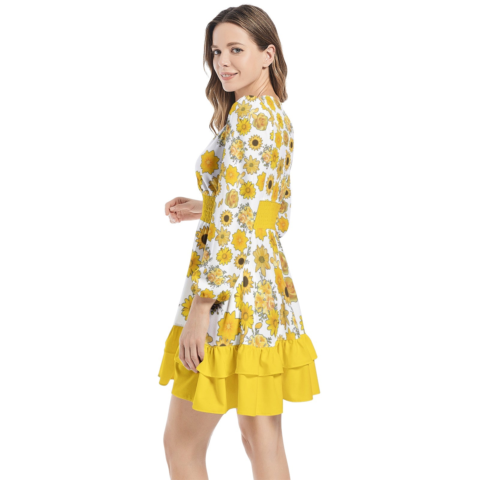 Yellow Floral Long Sleeve Dress - Tiered Ruffle Hem for Summer - Misfit Marketing Design Studios