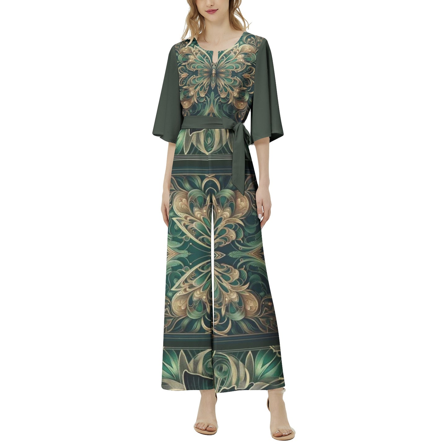 Emerald Green Floral Butterfly Dolman Sleeve Belted Wide Leg Jumpsuit