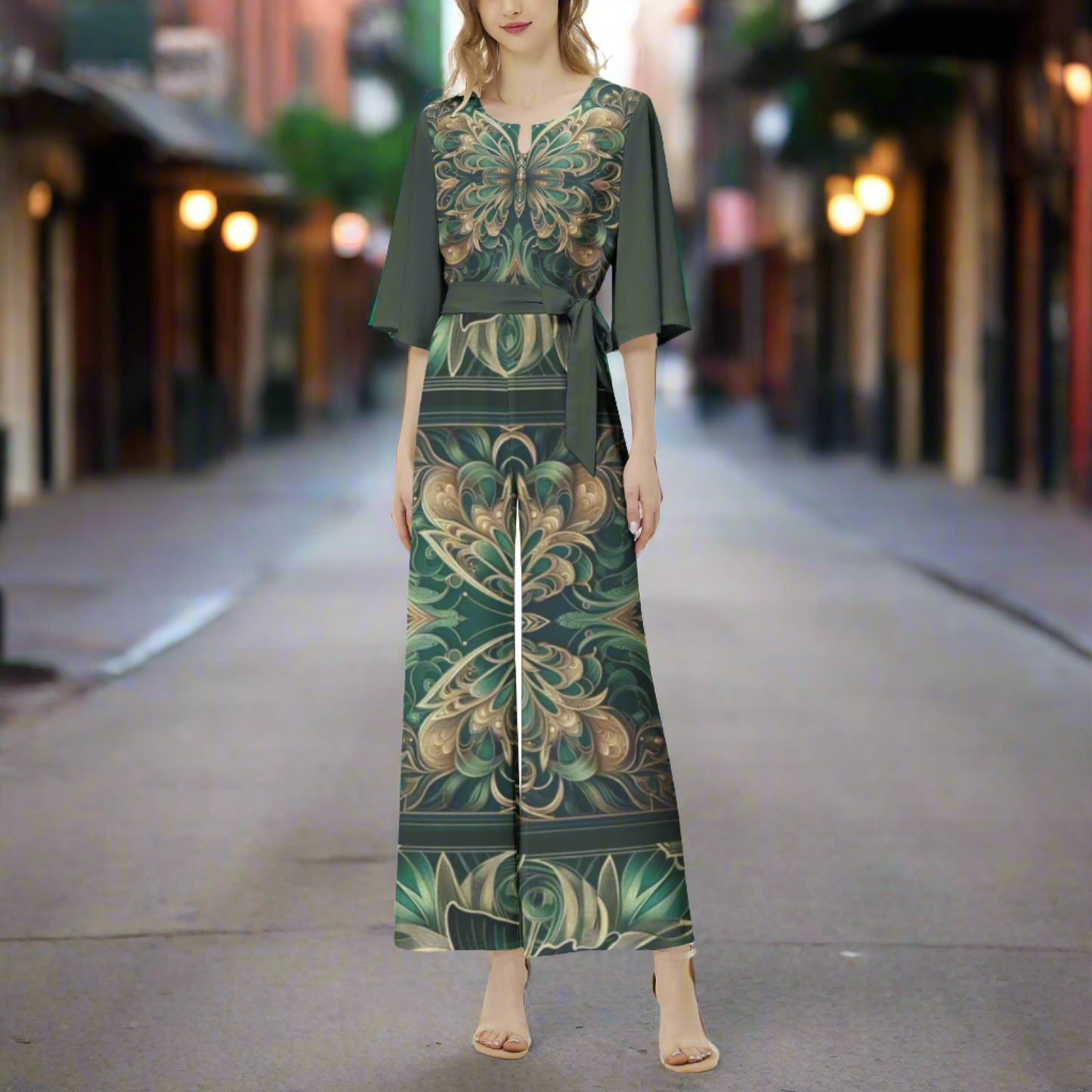 Emerald Green Floral Butterfly Dolman Sleeve Belted Wide Leg Jumpsuit