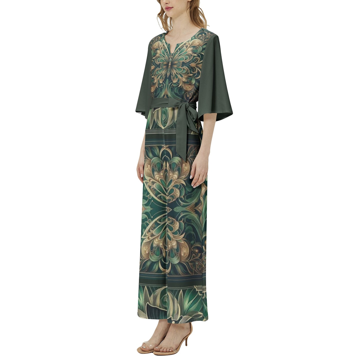 Emerald Green Floral Butterfly Dolman Sleeve Belted Wide Leg Jumpsuit