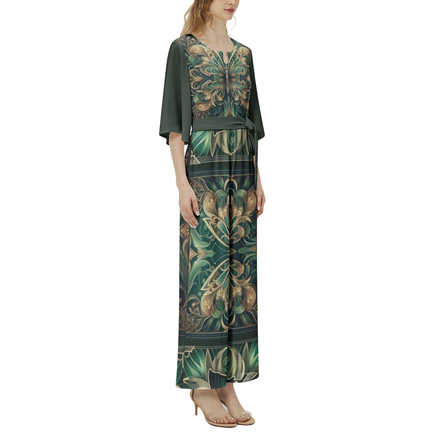 Emerald Green Floral Butterfly Dolman Sleeve Belted Wide Leg Jumpsuit