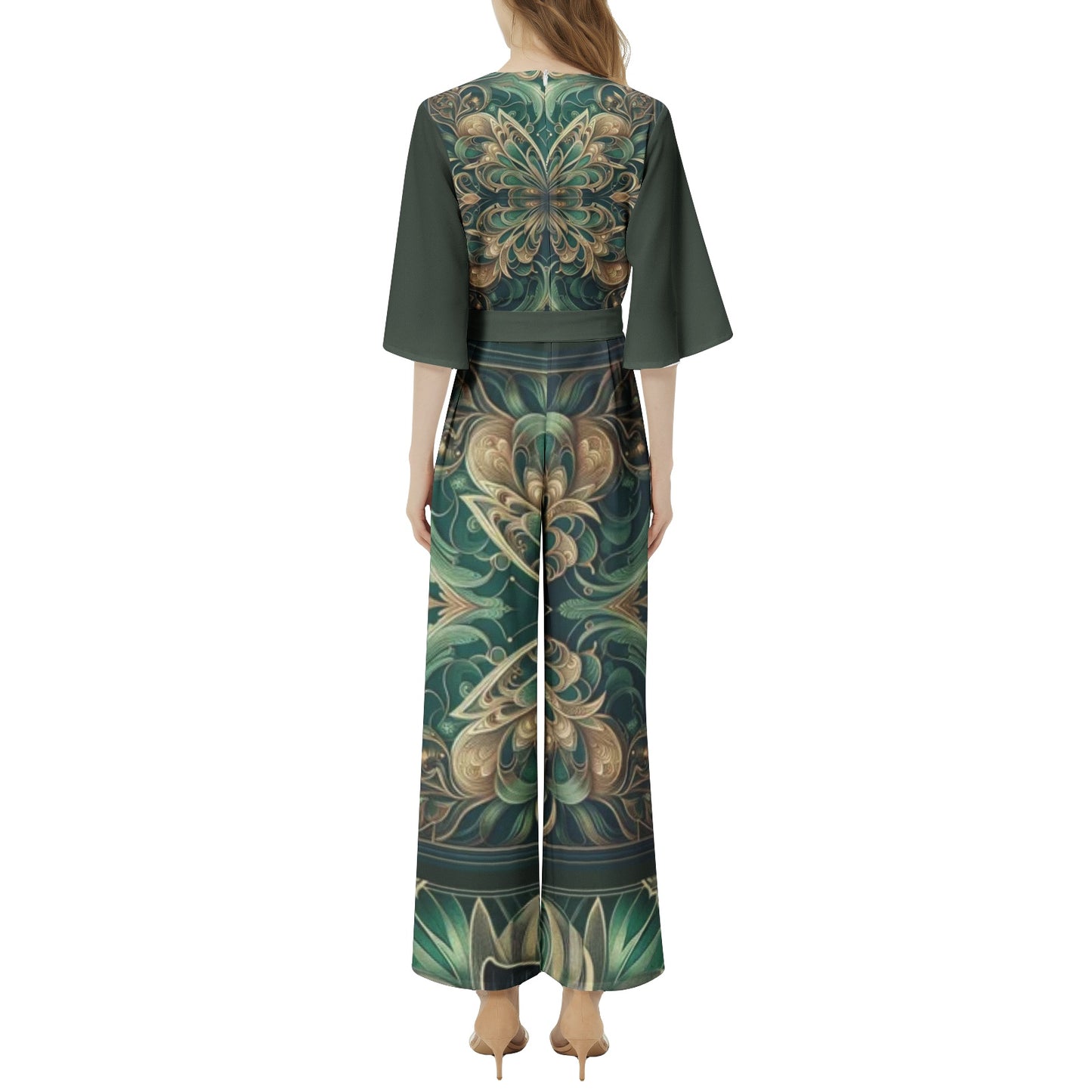 Emerald Green Floral Butterfly Dolman Sleeve Belted Wide Leg Jumpsuit