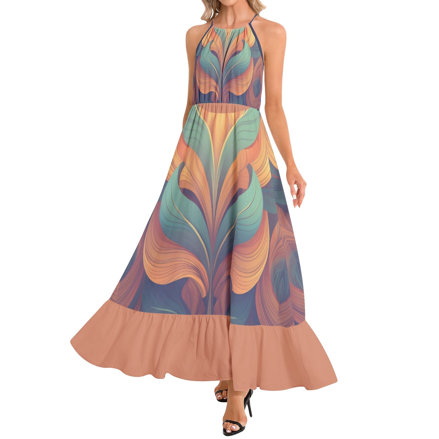 Floral Art Deco Summer Maxi Dress with Ruffle Hem