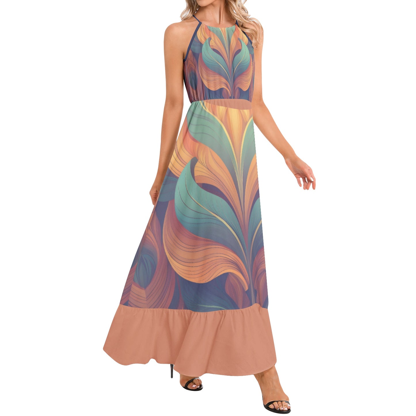 Floral Art Deco Summer Maxi Dress with Ruffle Hem