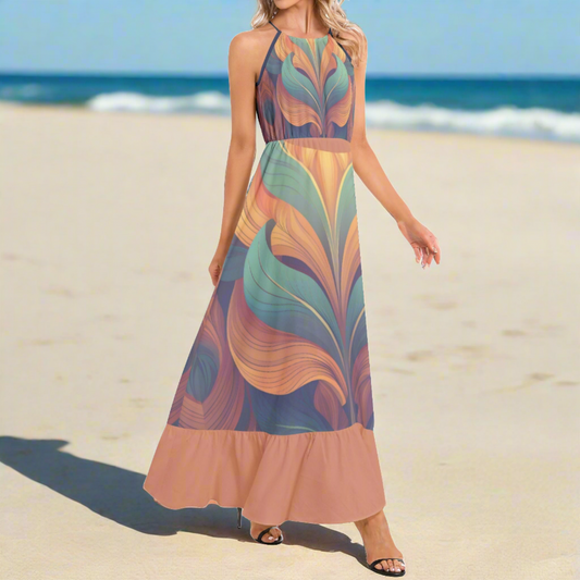 Floral Art Deco Summer Maxi Dress with Ruffle Hem