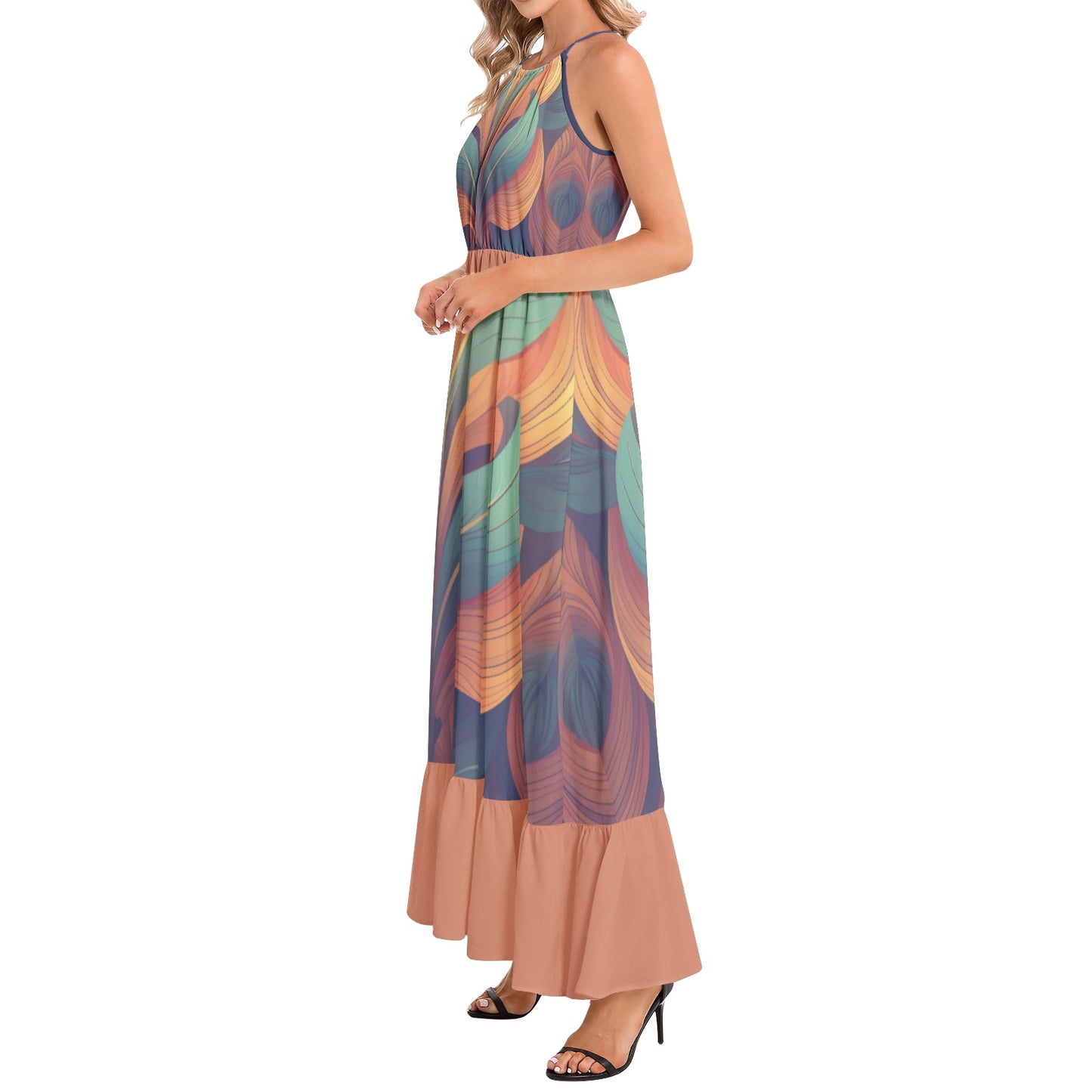 Floral Art Deco Summer Maxi Dress with Ruffle Hem