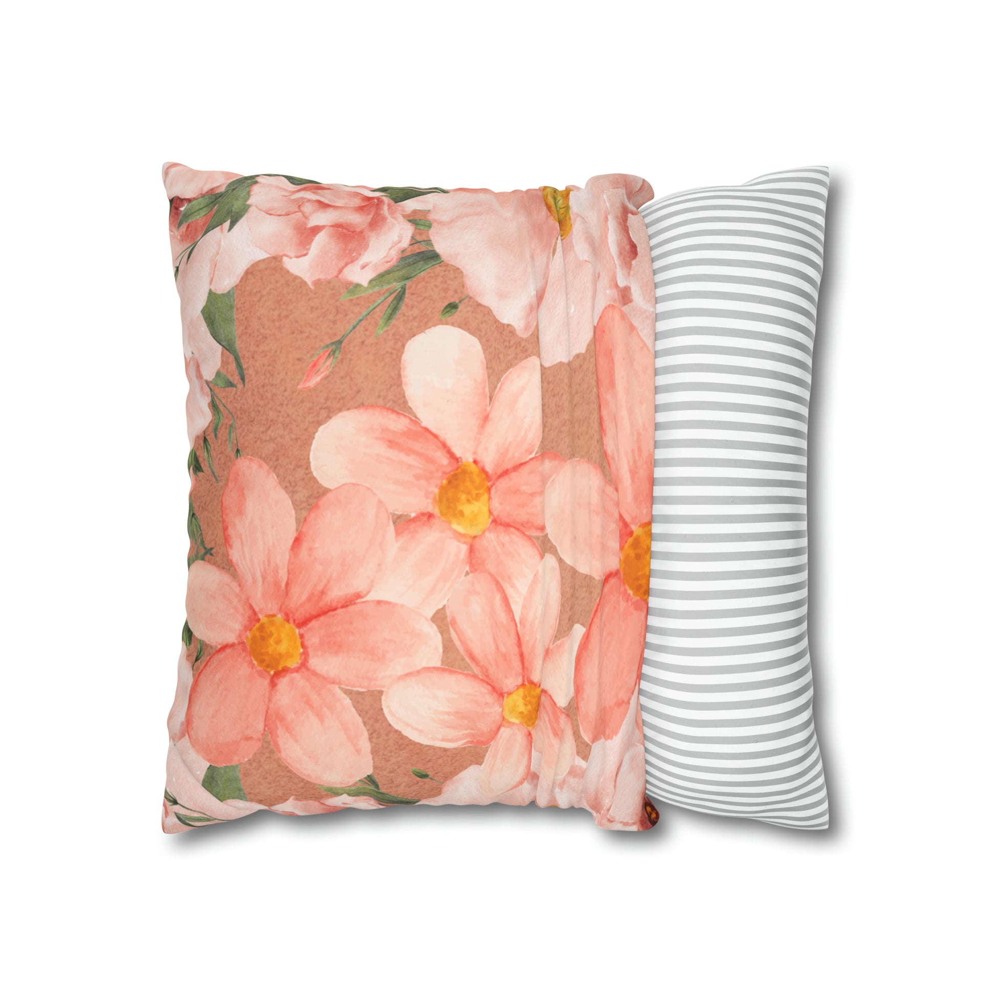 Peach Floral Faux Suede Square Pillow Cover - Decorative Home Accent - Misfit Marketing Design Studios