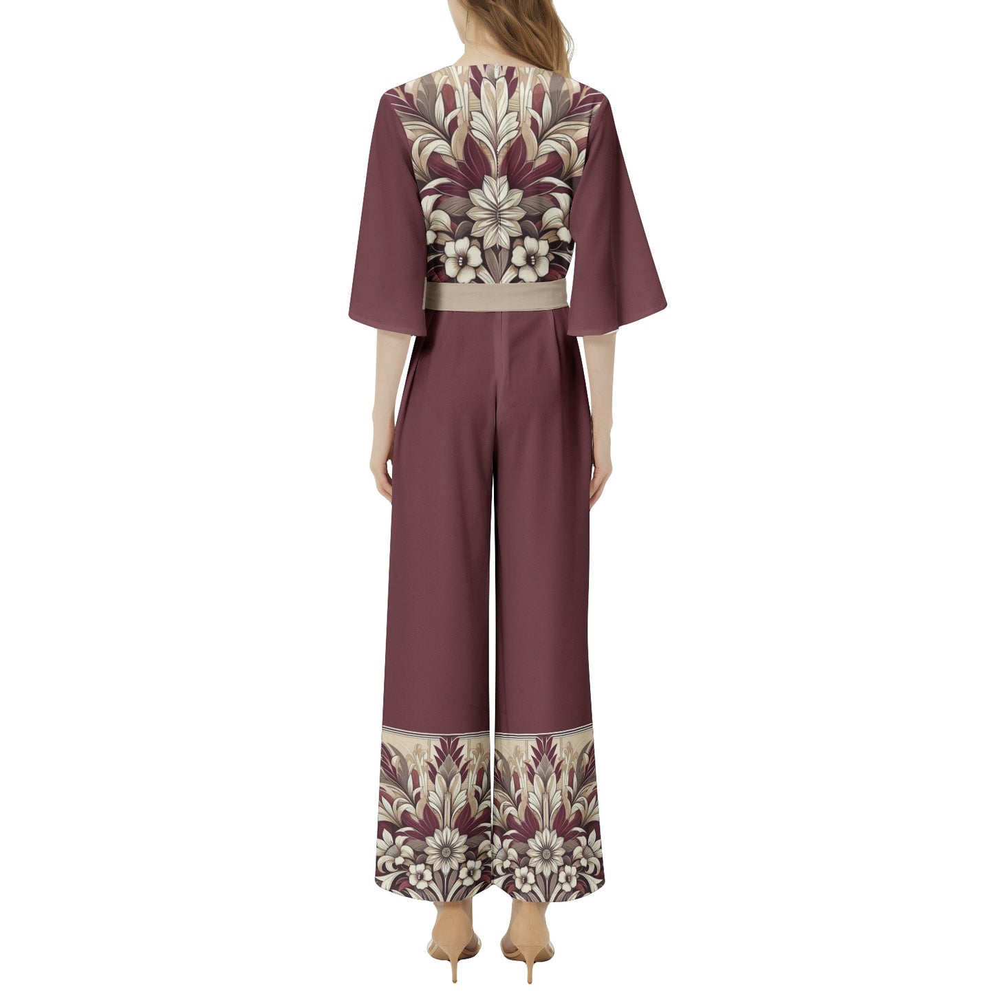 Burgundy Floral Dolman Sleeve Jumpsuit - Wide Leg with Flower Print