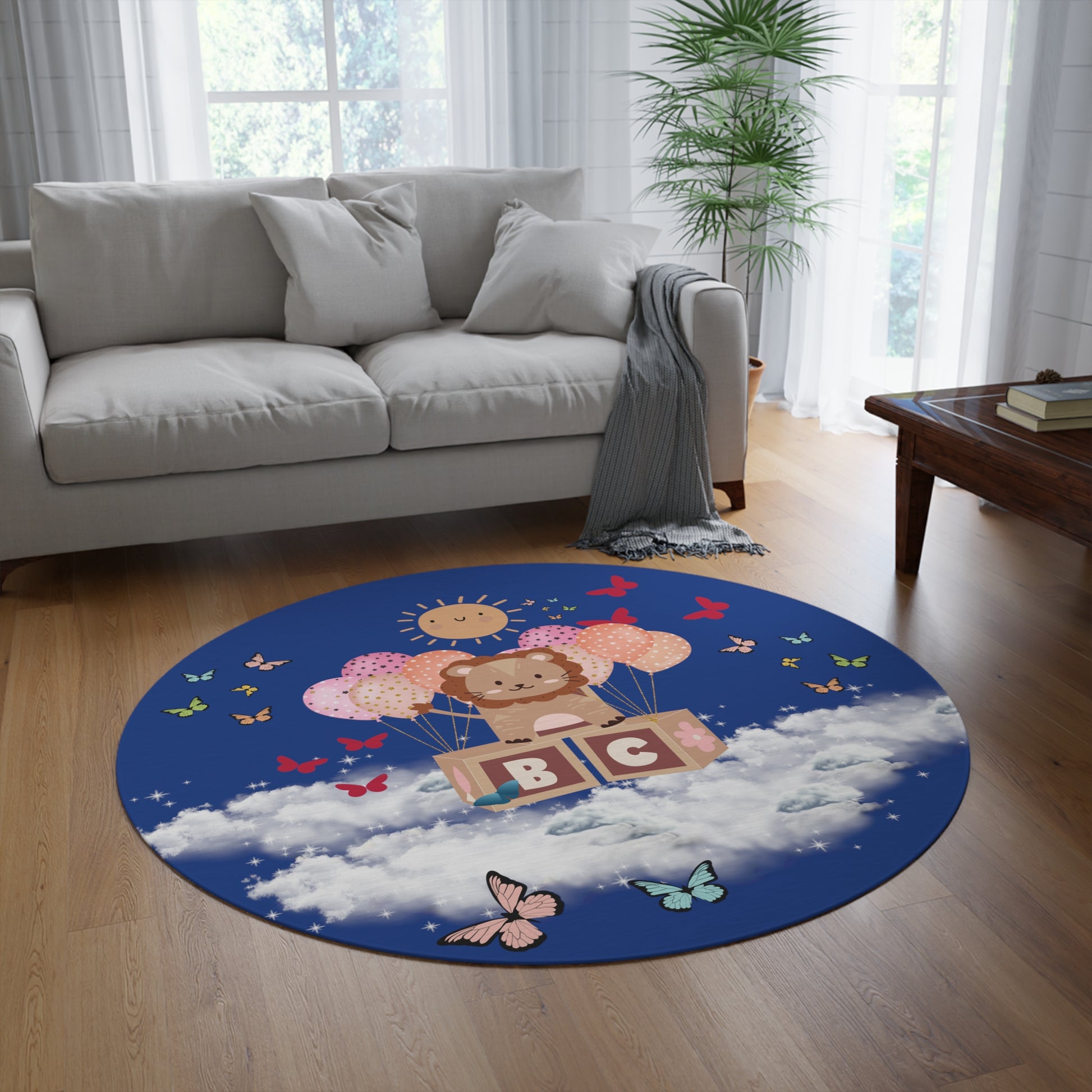 Kid's Lion Balloon Flight Round Rug - Misfit Marketing Designs