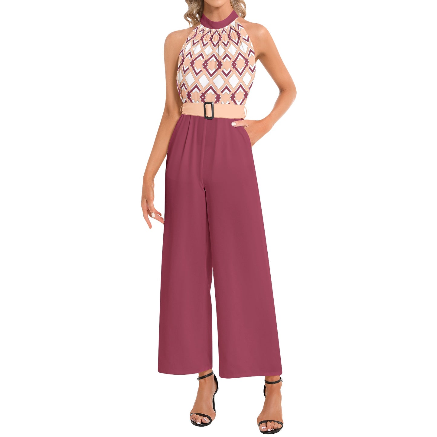 Burgundy Peach Fuzz Halter Jumpsuit with Belt - Elegant and Stylish - Misfit Marketing Design Studios