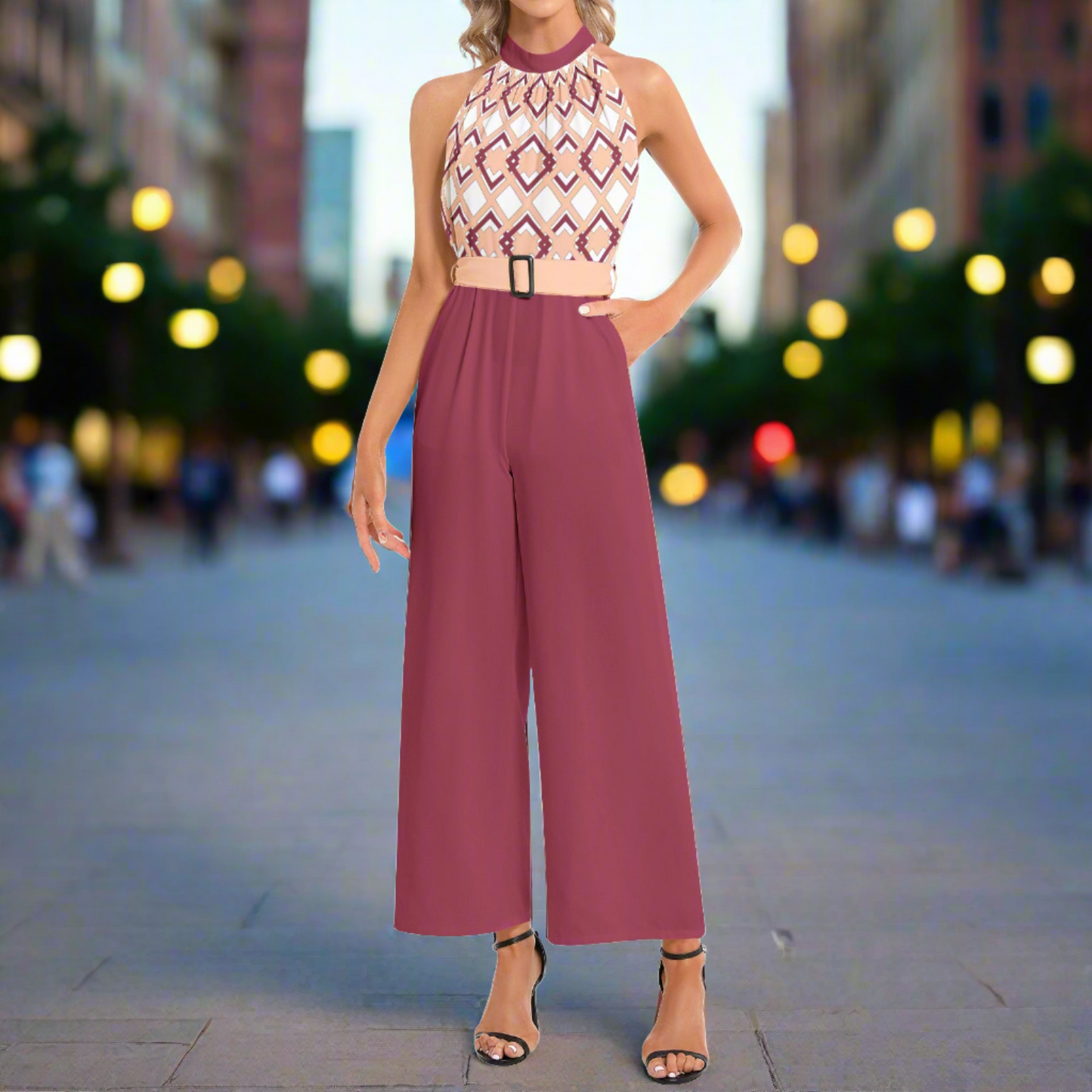 Burgundy Peach Fuzz Halter Jumpsuit with Belt - Elegant and Stylish - Misfit Marketing Design Studios