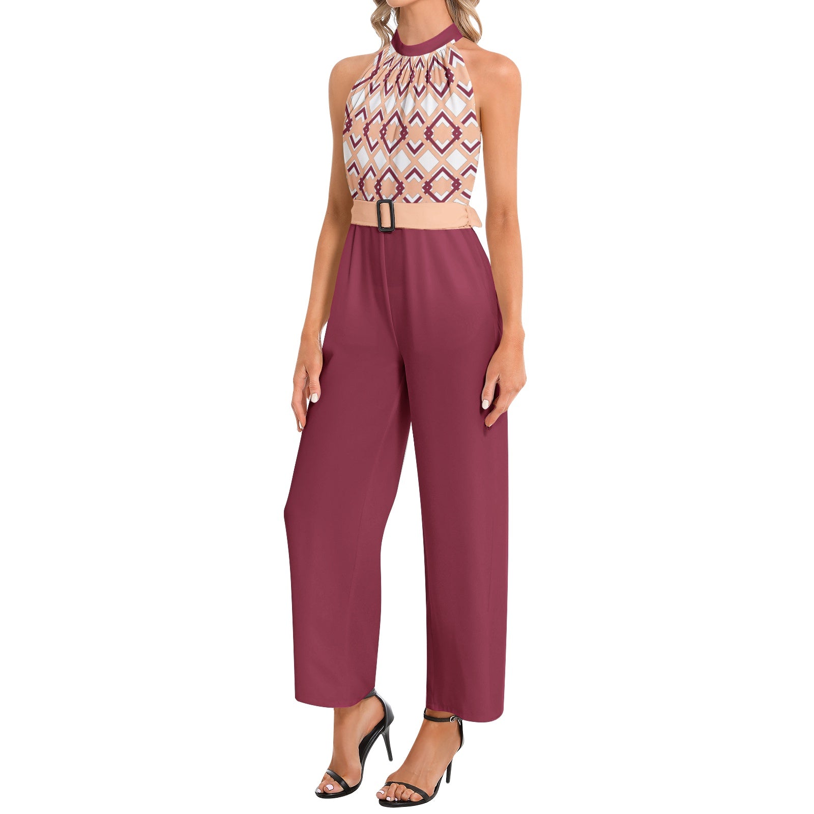 Burgundy Peach Fuzz Halter Jumpsuit with Belt - Elegant and Stylish - Misfit Marketing Design Studios