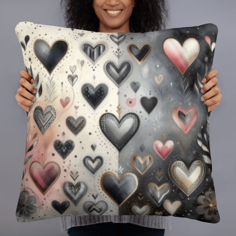 Ebony Chrome Floral Hearts Accent Throw Pillow