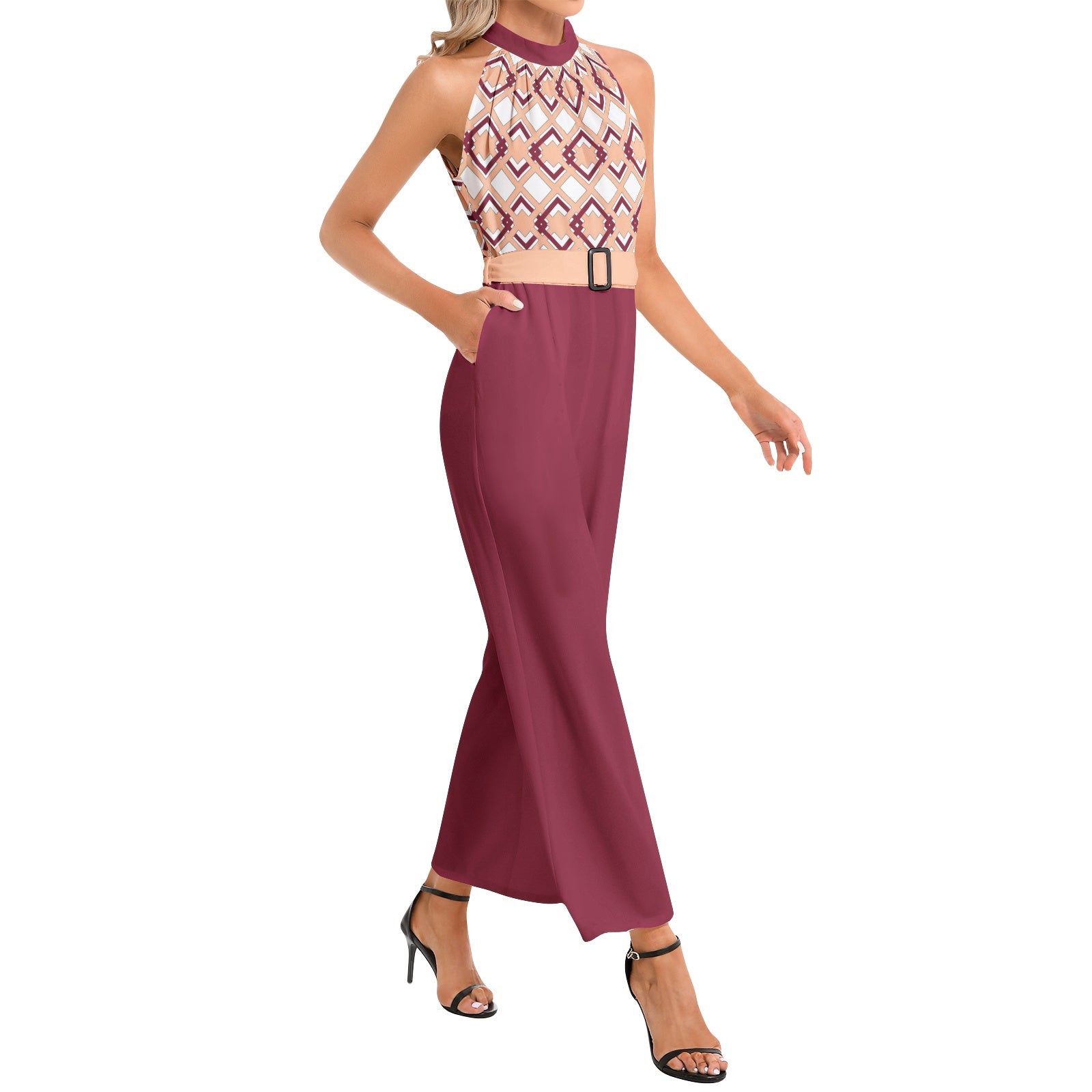 Burgundy Peach Fuzz Halter Jumpsuit with Belt - Elegant and Stylish - Misfit Marketing Design Studios