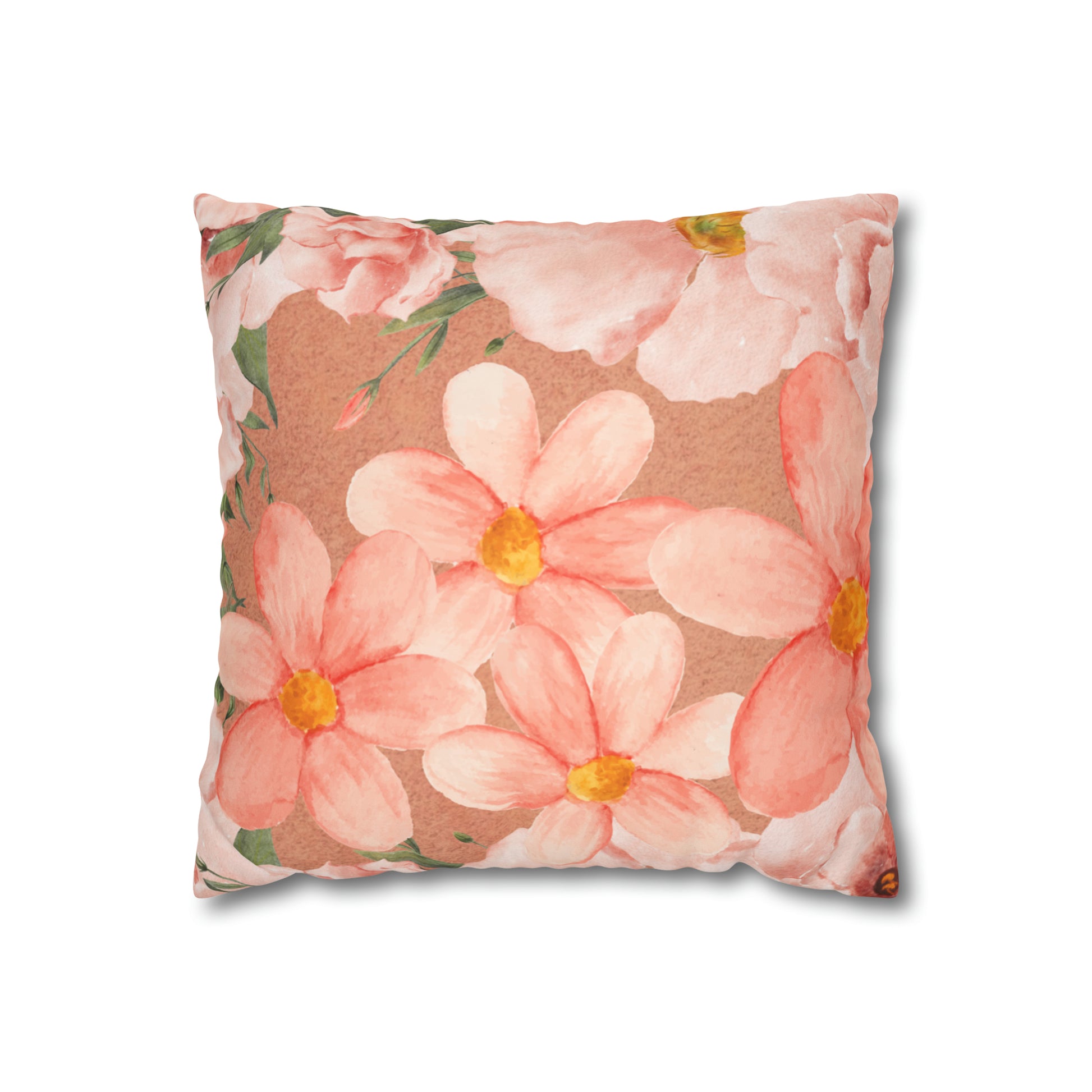 Peach Floral Faux Suede Square Pillow Cover - Decorative Home Accent - Misfit Marketing Design Studios