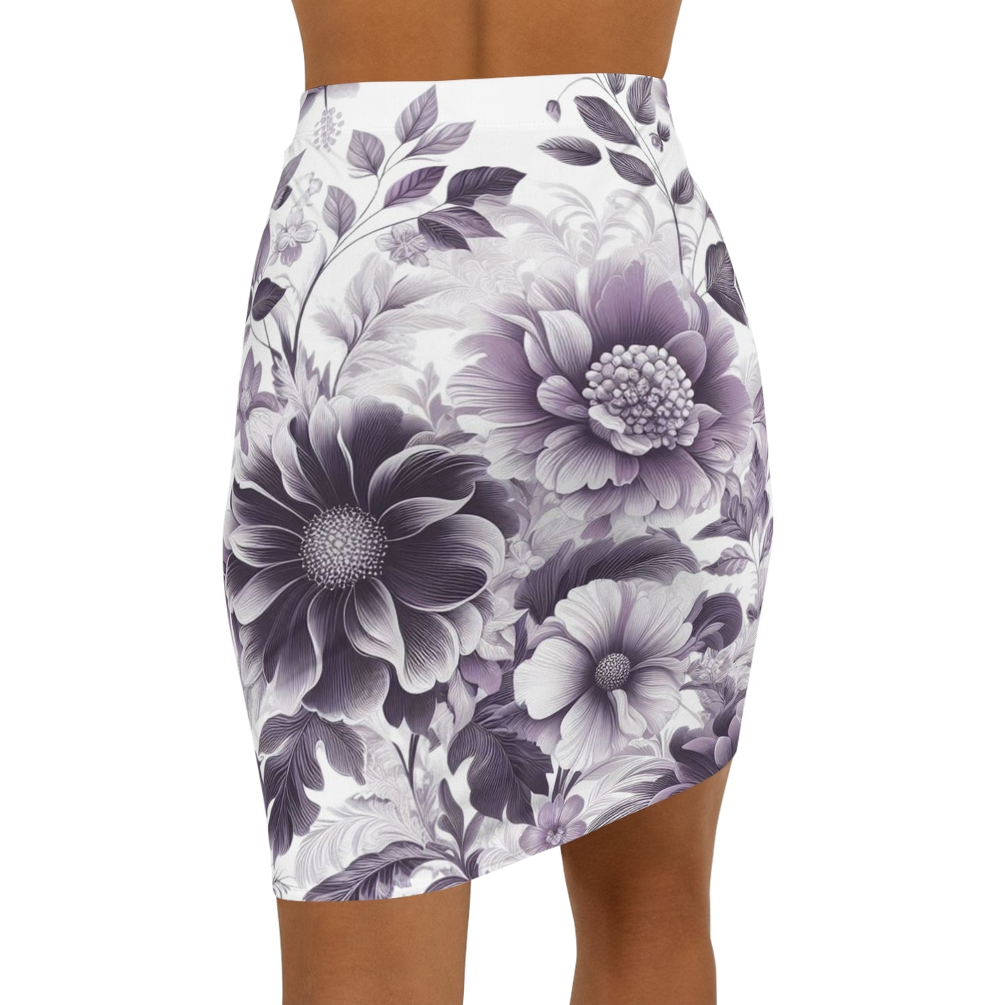 Women's Lavender Floral Mid-Waist Pencil Skirt - Classic and Sleek Style - Stretchy and Versatile