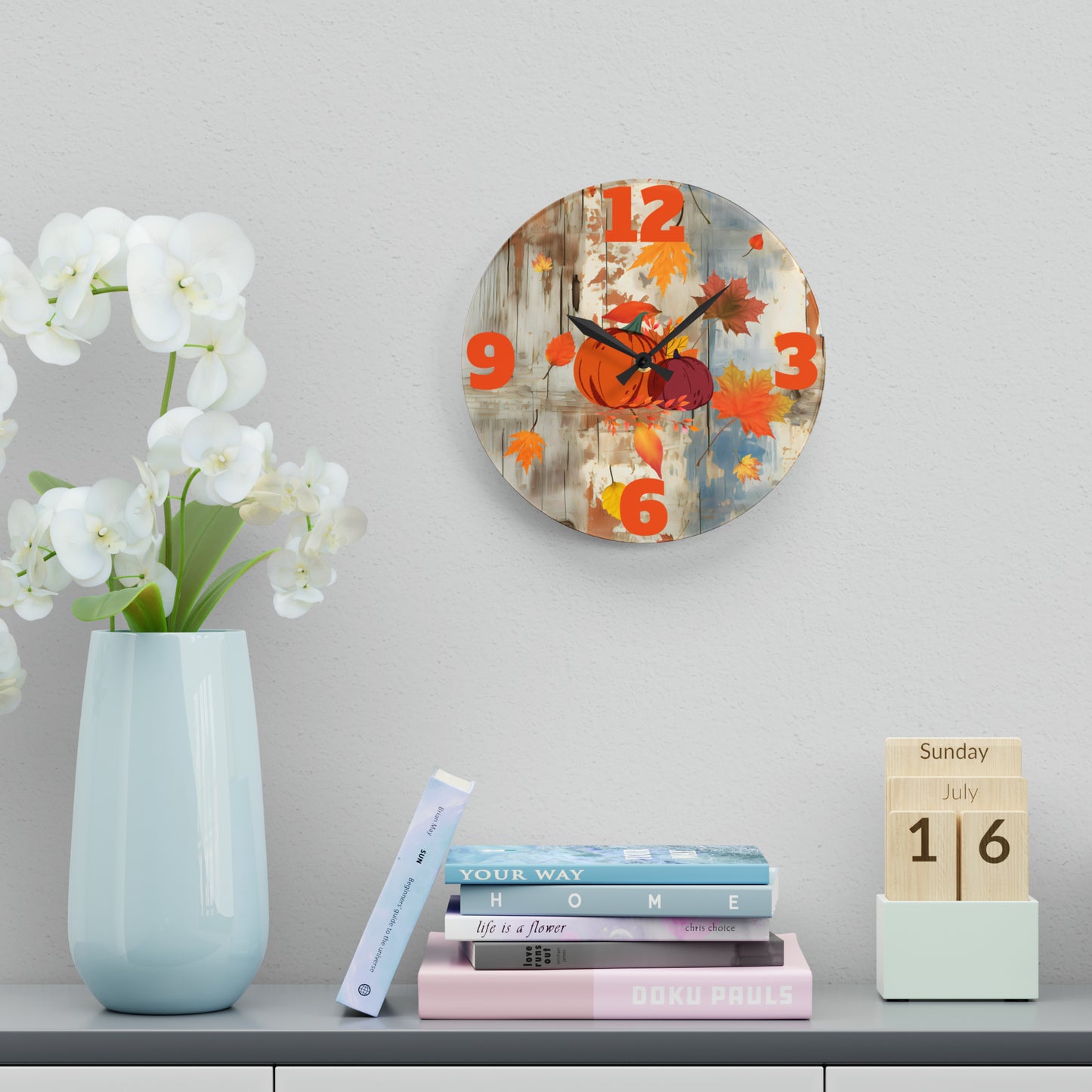 Autumn Pumpkins Acrylic Wall Clock - Misfit Marketing Designs