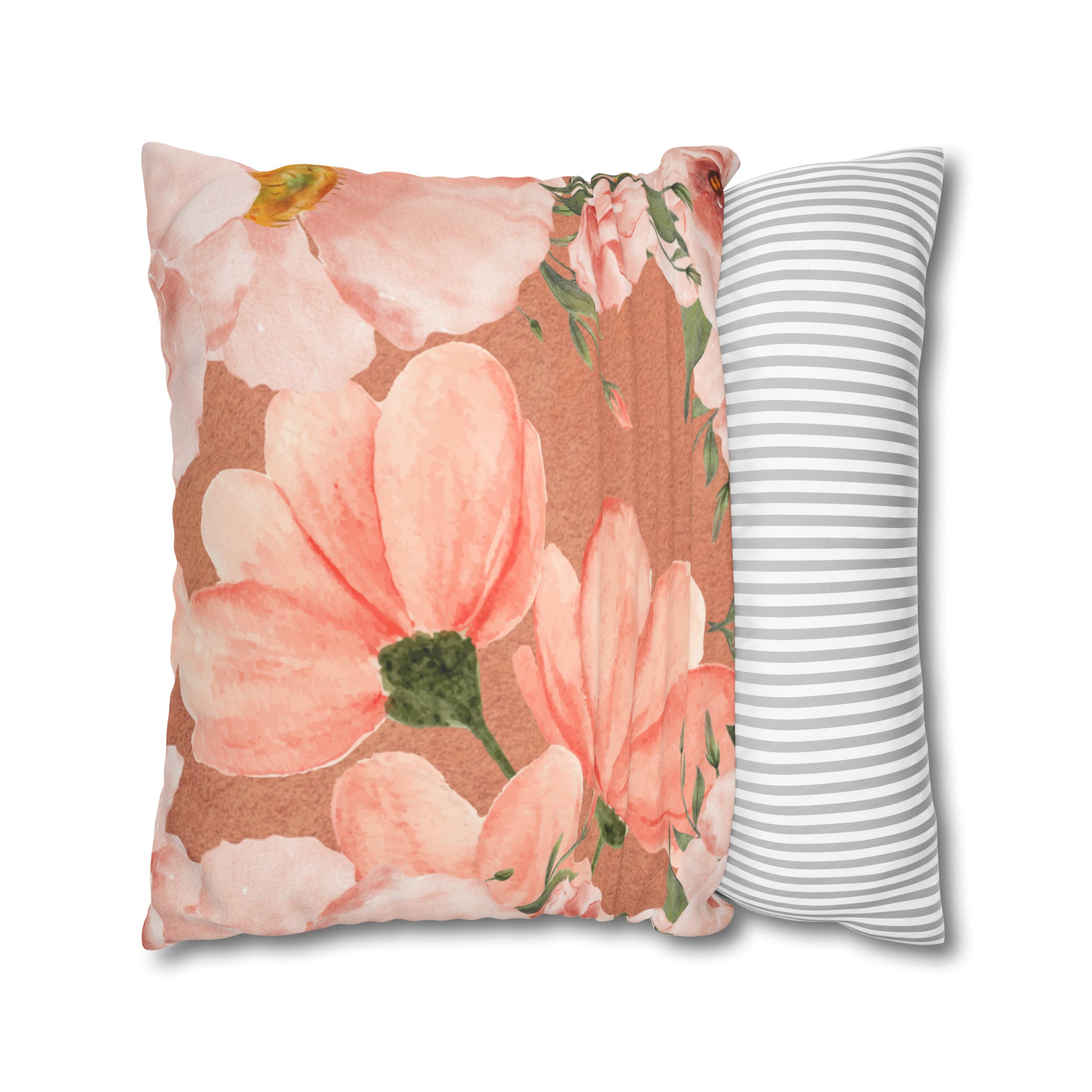 Peach Floral Faux Suede Square Pillow Cover - Decorative Home Accent - Misfit Marketing Design Studios