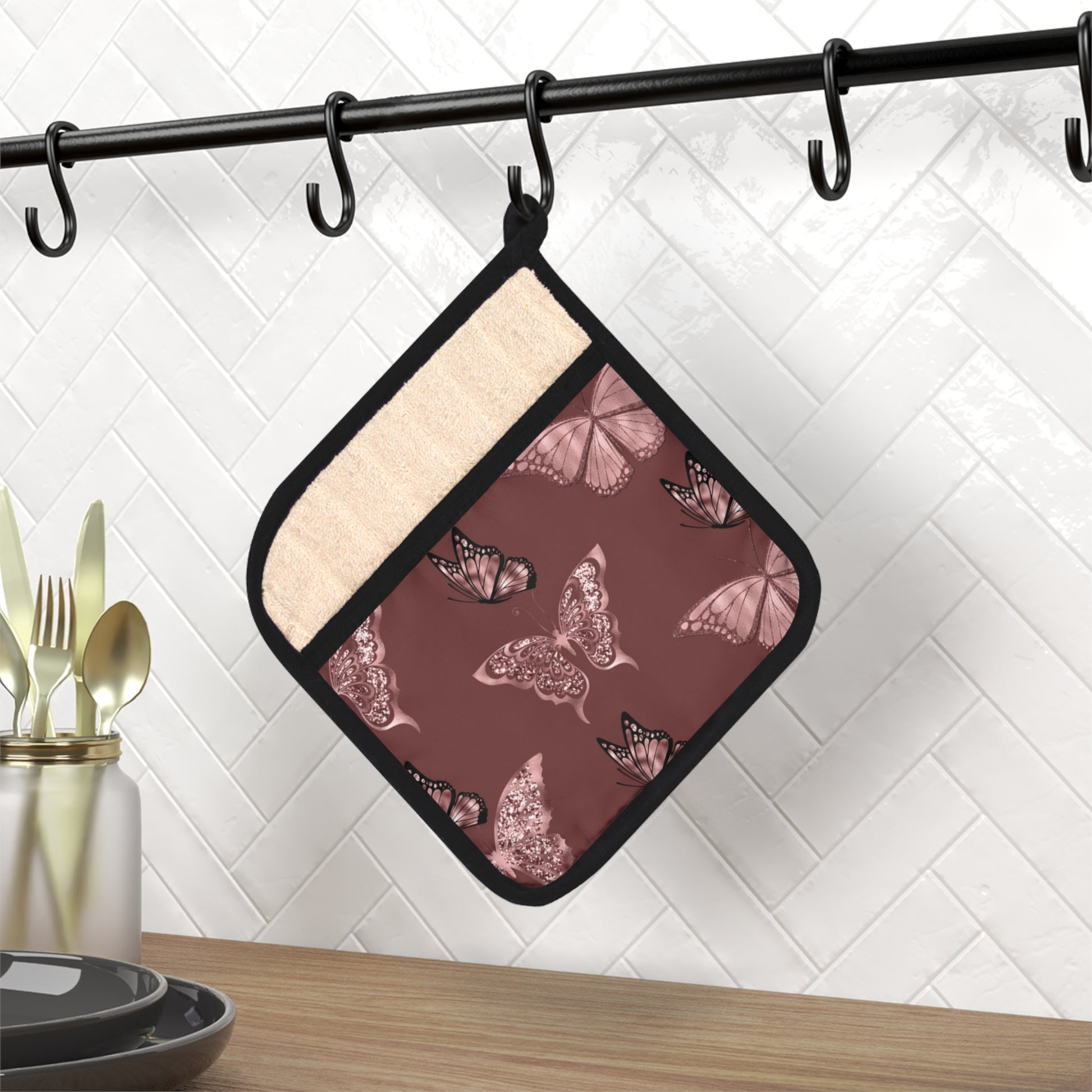 Medium Butterfly Rose Pot Holder with Pocket - Beautiful and Functional Kitchen Accessory - Misfit Marketing Design Studios