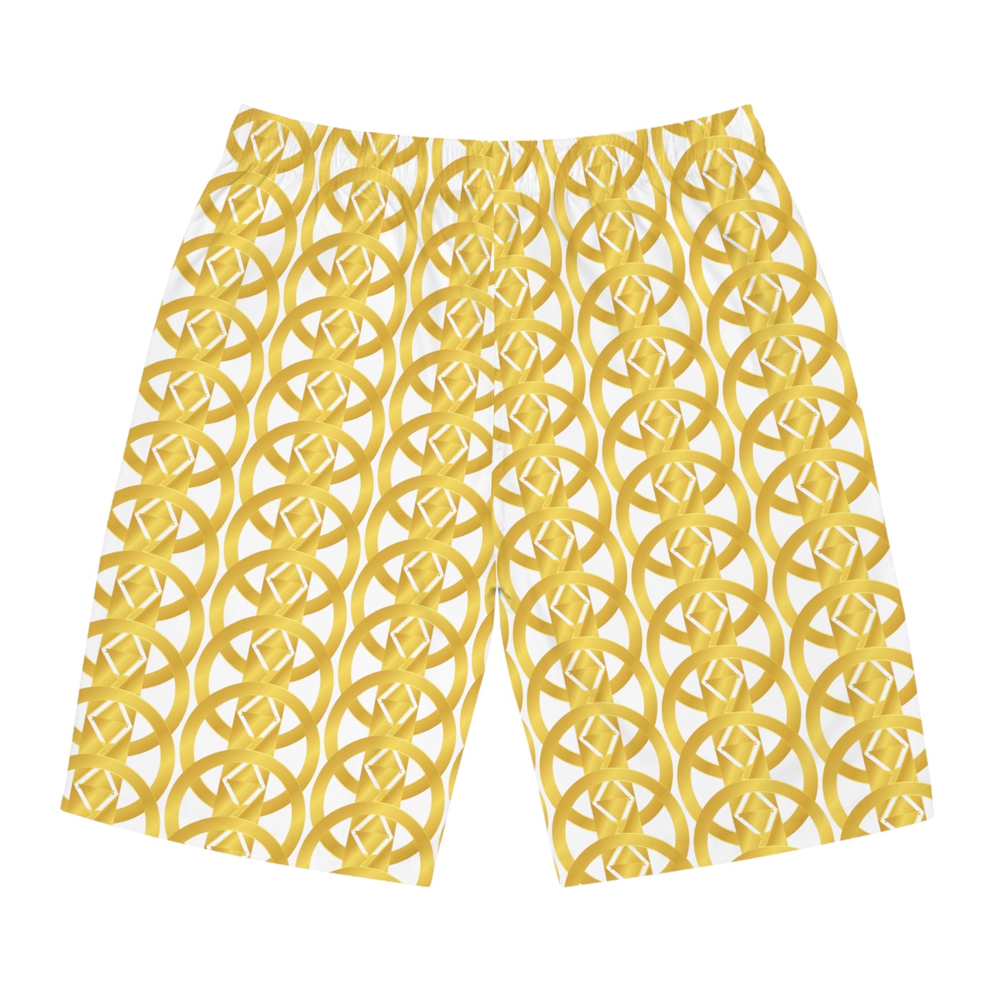 Gold and White Mens Board Shorts - Fashionable Beachwear for Summer - Misfit Marketing Design Studios