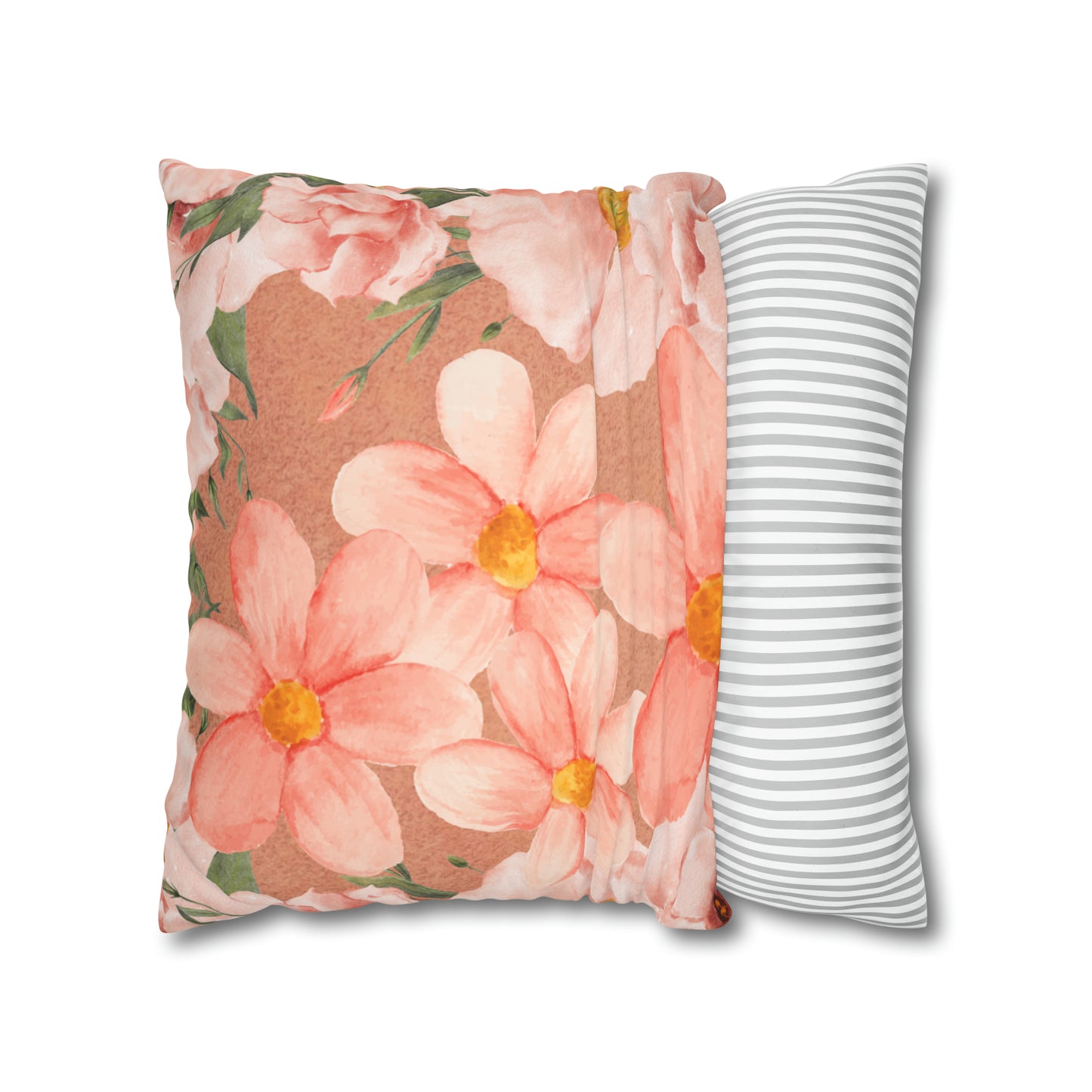 Peach Floral Faux Suede Square Pillow Cover - Decorative Home Accent - Misfit Marketing Design Studios