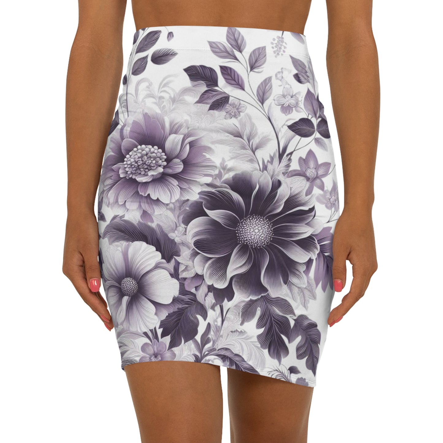 Women's Lavender Floral Mid-Waist Pencil Skirt - Classic and Sleek Style - Stretchy and Versatile