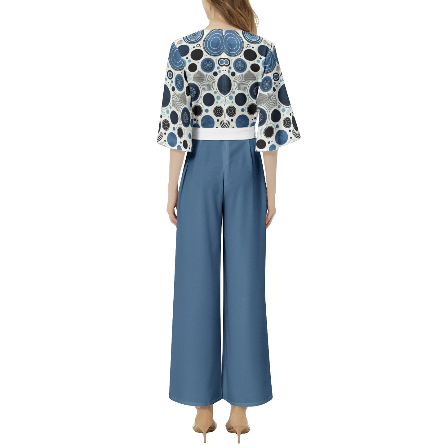 Light Blue Abstract Dots Dolman Sleeve Belted Wide Leg Jumpsuit