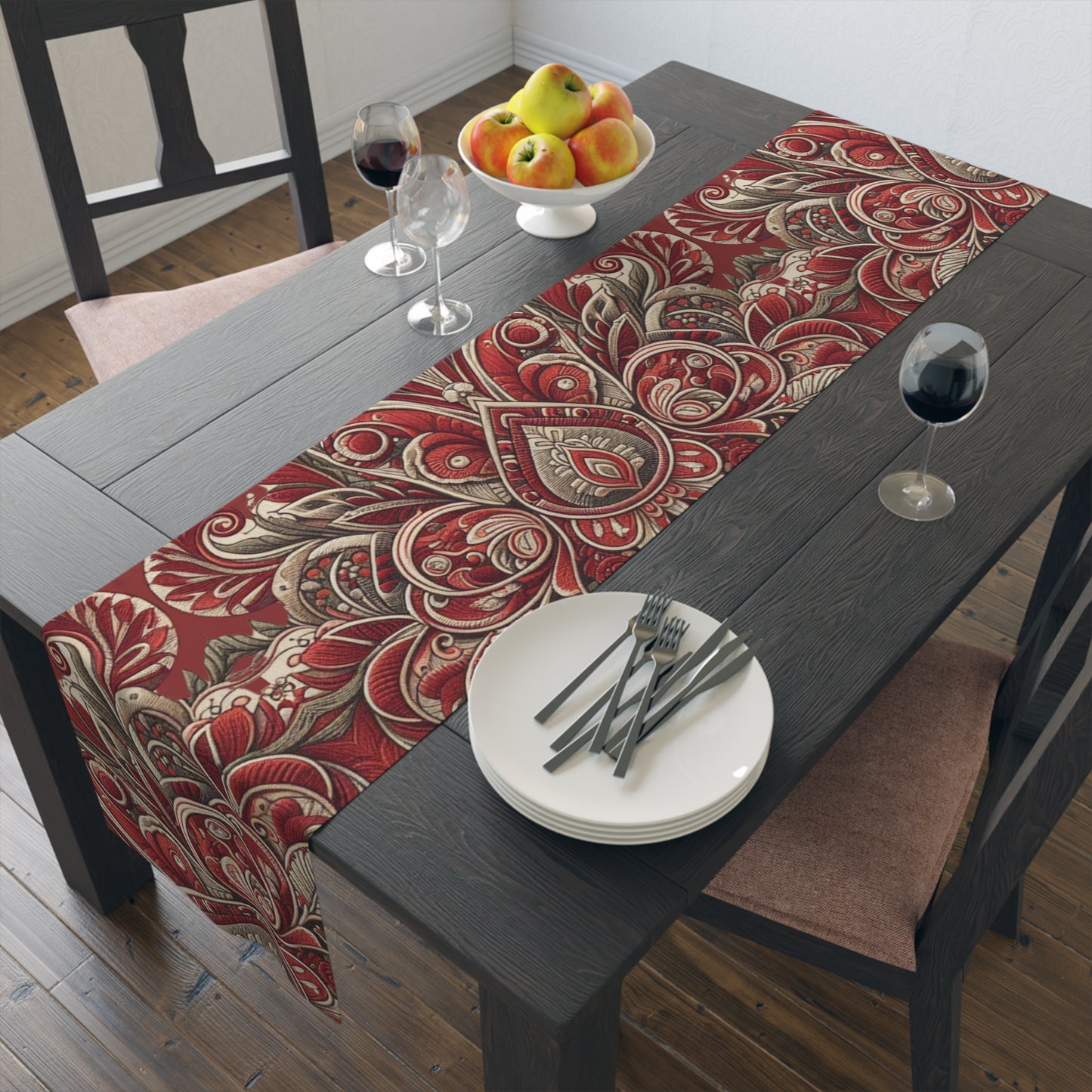 Burgundy Floral Pattern Table Runner