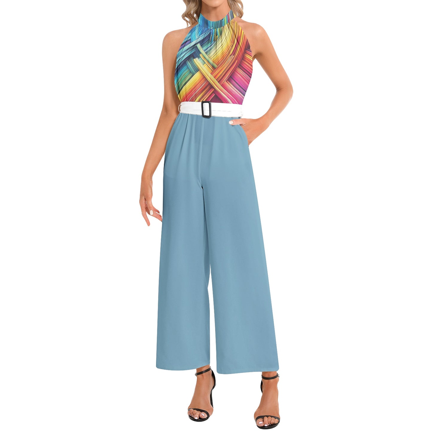 Colorful Halter Neck Belted Jumpsuit in Trendy Powder Blue - Fashionable and Fun