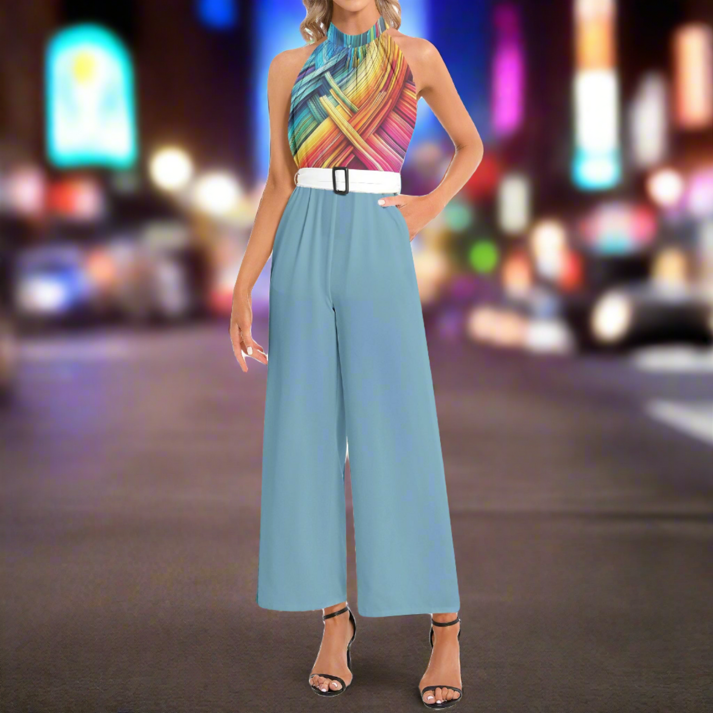 Colorful Halter Neck Belted Jumpsuit in Trendy Powder Blue - Fashionable and Fun