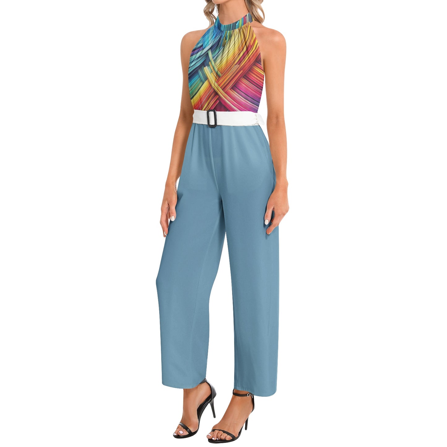 Colorful Halter Neck Belted Jumpsuit in Trendy Powder Blue - Fashionable and Fun