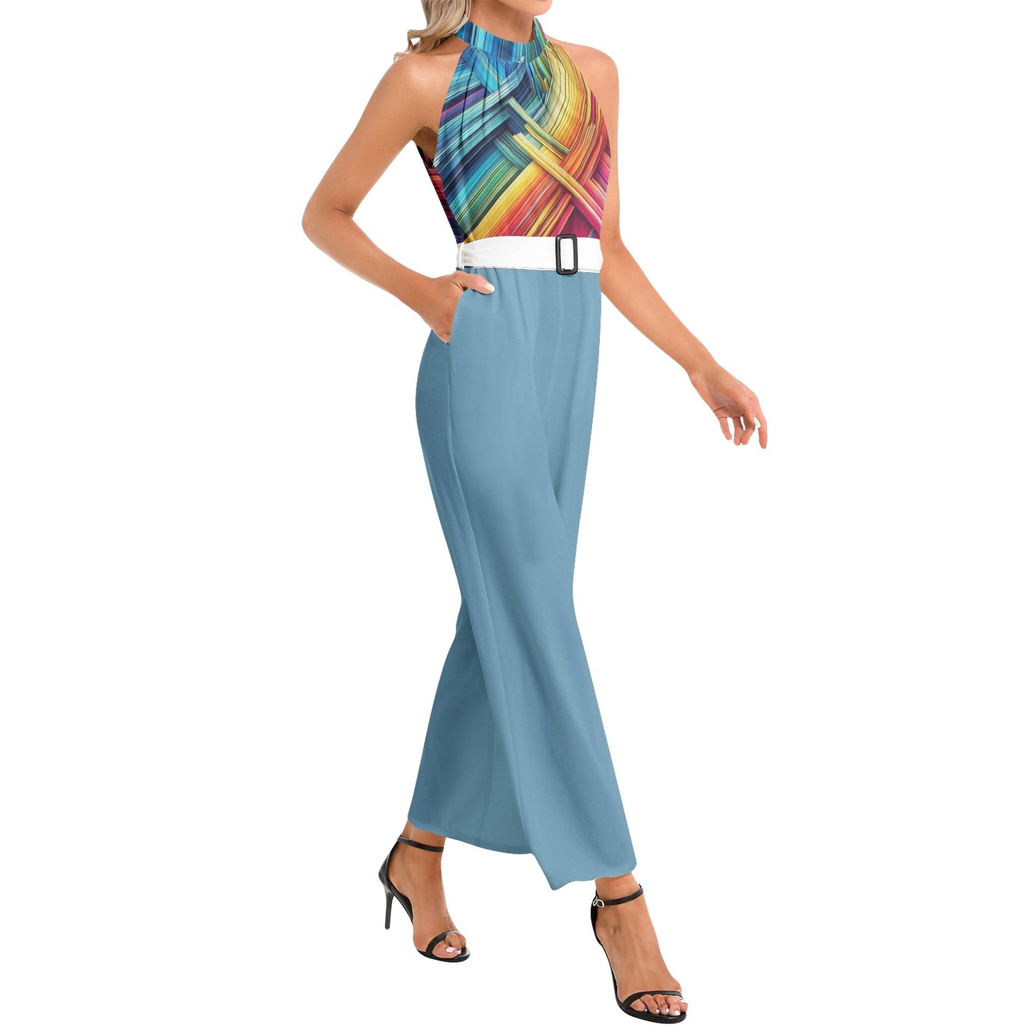 Colorful Halter Neck Belted Jumpsuit in Trendy Powder Blue - Fashionable and Fun