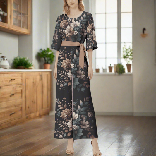 Floral Dolman Sleeve Wide Leg Jumpsuit with Belt - Chic and Comfortable - Misfit Marketing Design Studios