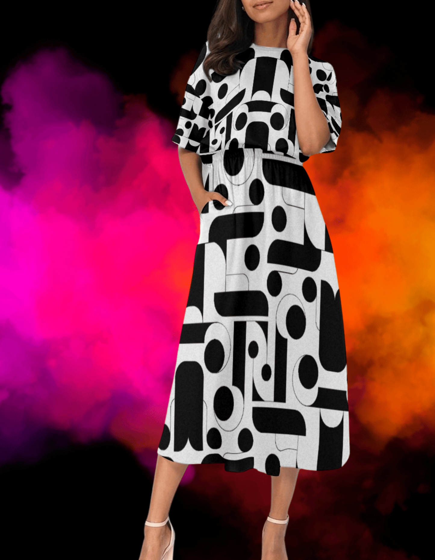 Abstract Black and White Elastic Waist Dress - Chic and Versatile Design - Misfit Marketing Design Studios