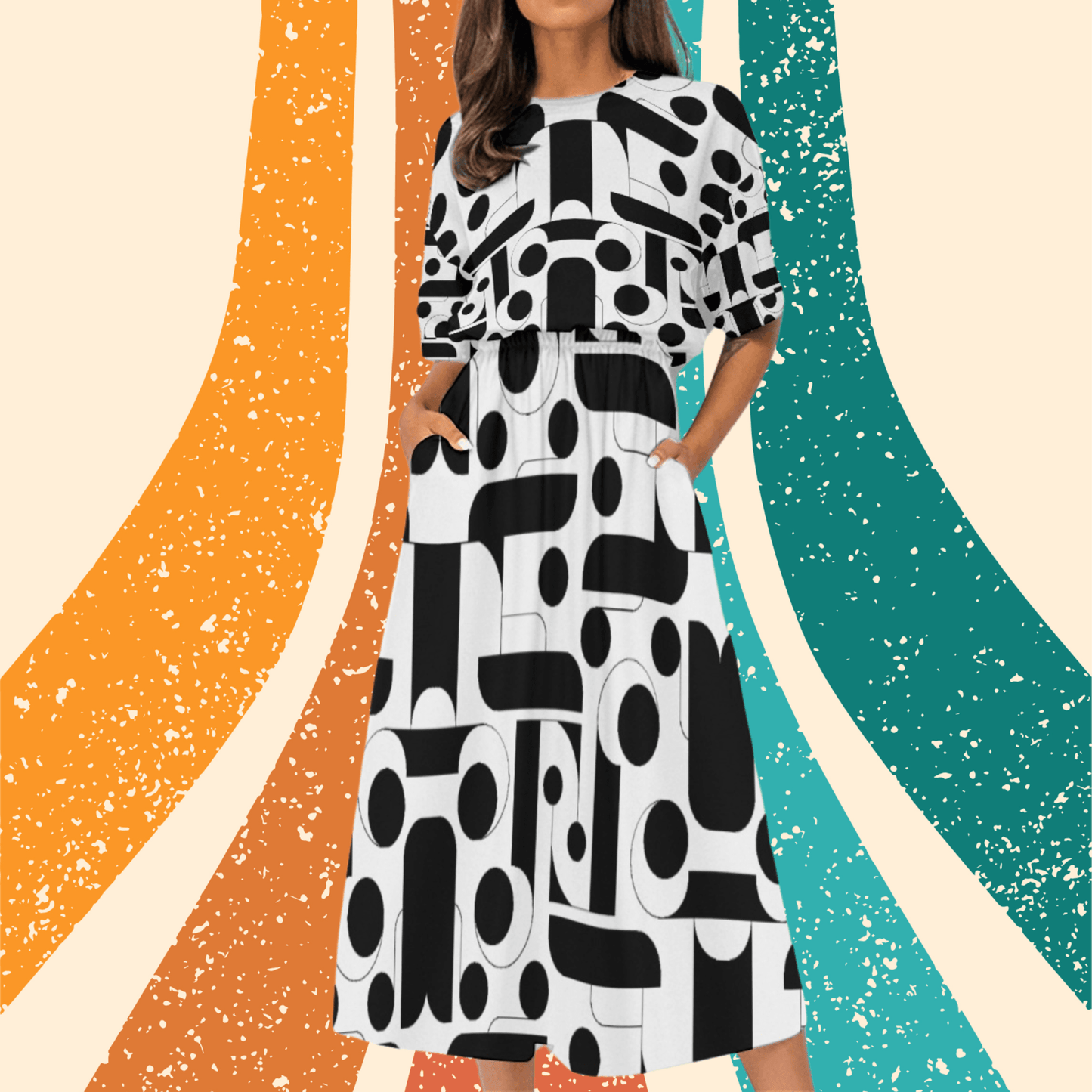 Abstract Black and White Elastic Waist Dress - Chic and Versatile Design - Misfit Marketing Design Studios