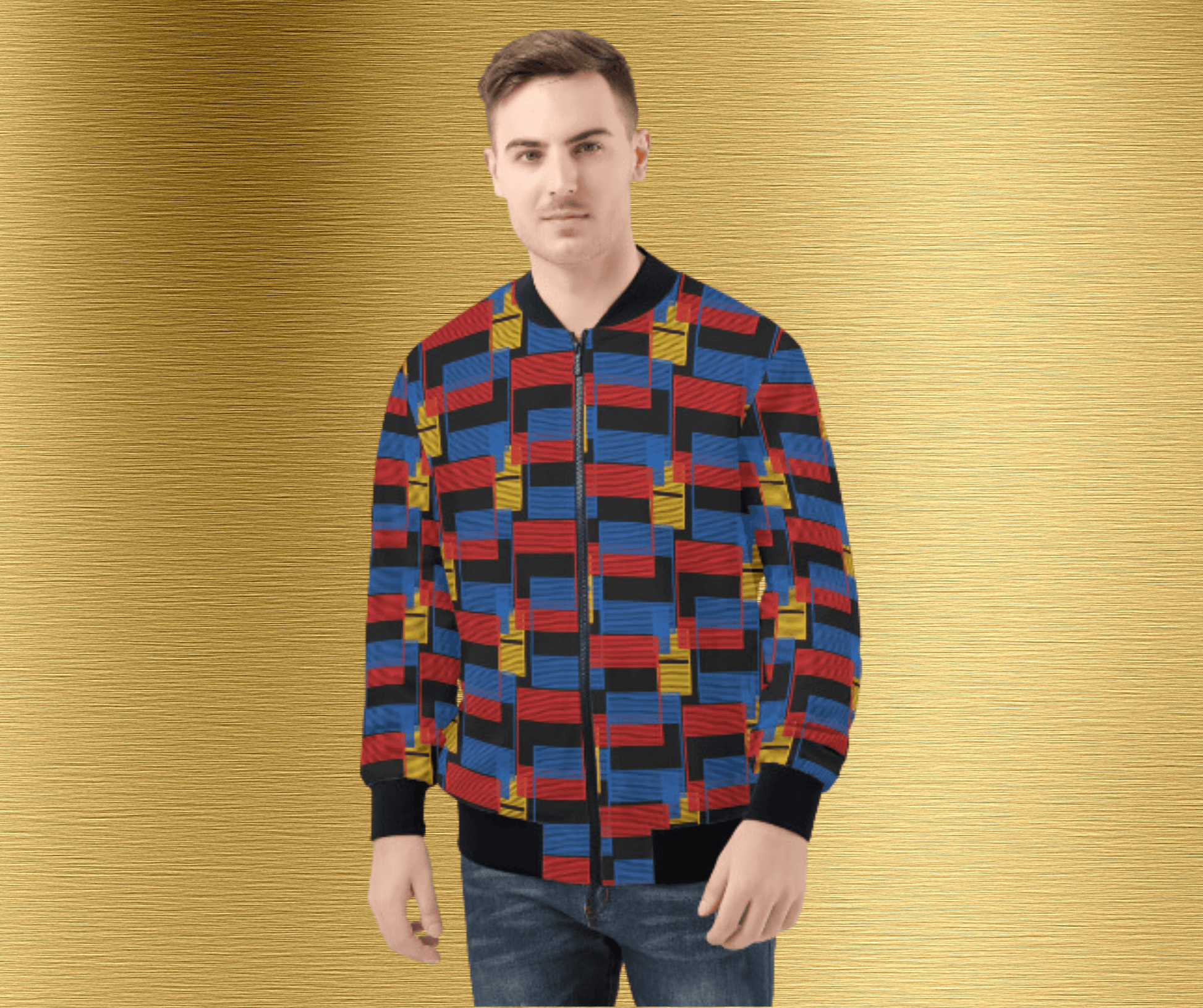 Colorful Mens Zip Bomber Jacket - Vibrant Multicolored Design - Misfit Marketing Design Studios