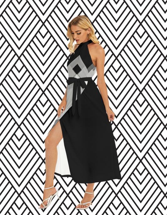 Ebony Geo Abstract Wrap Hem Belted Halter Dress - Misfit Marketing Design Studios