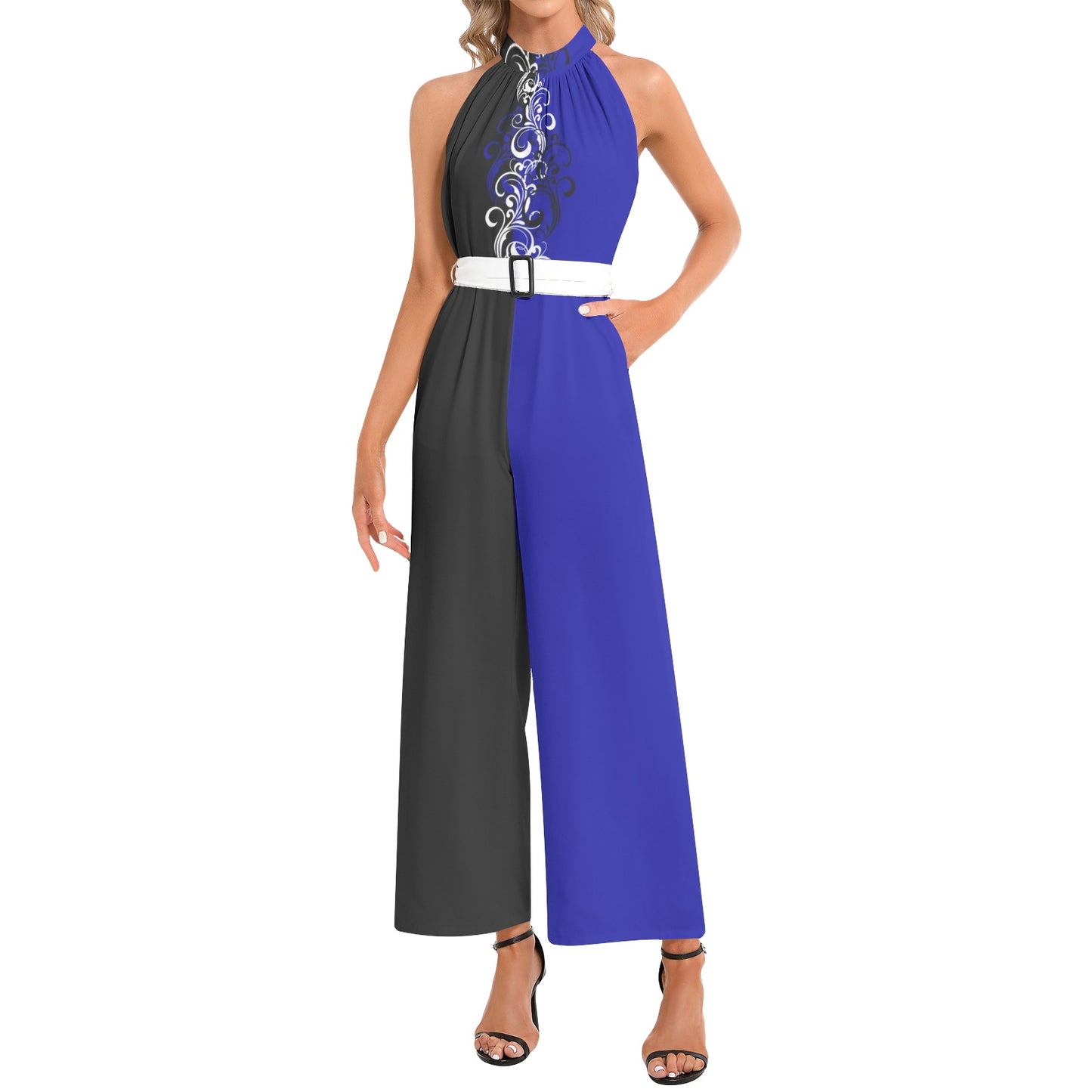 Ebony Blue Halter Neck Belted Jumpsuit