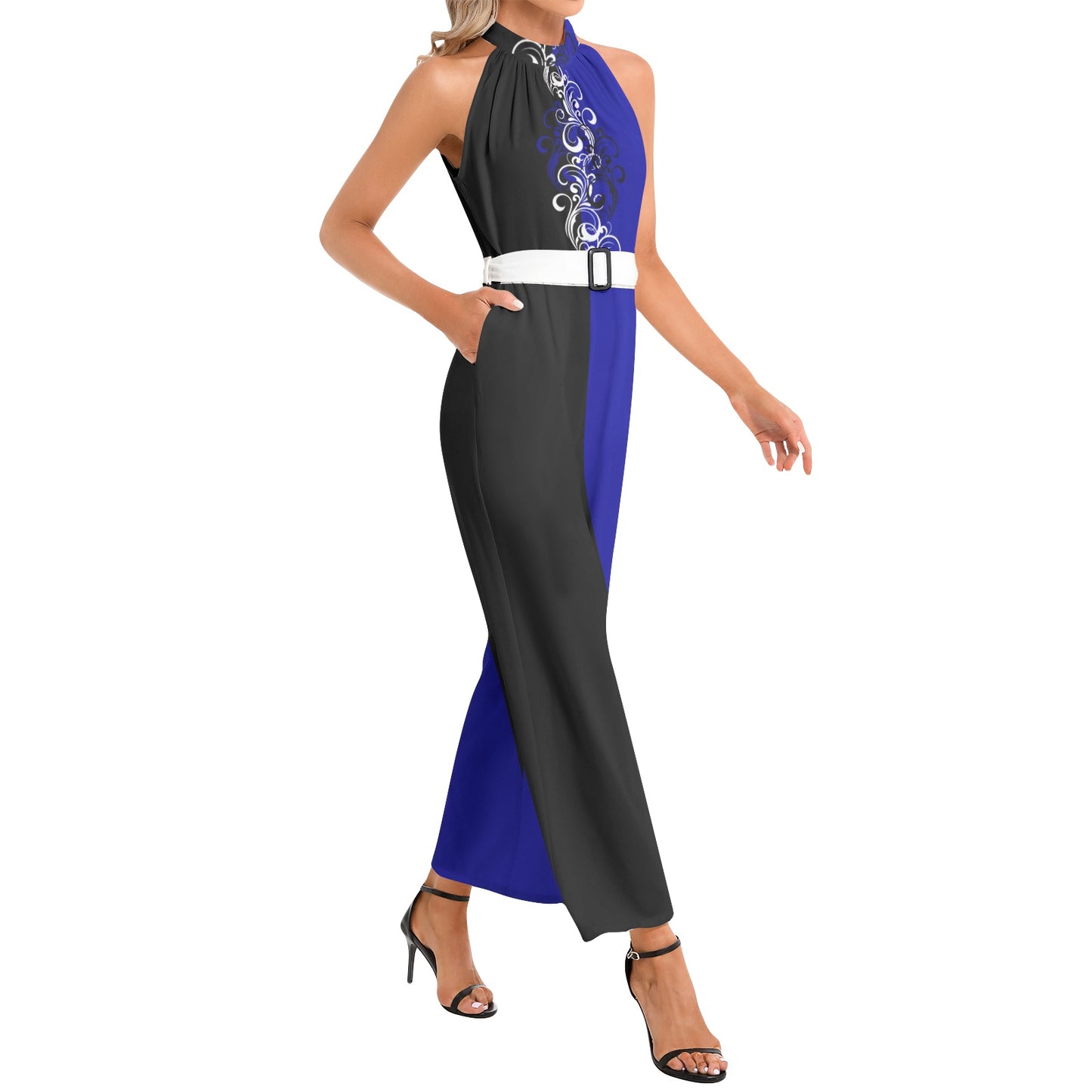 Ebony Blue Halter Neck Belted Jumpsuit