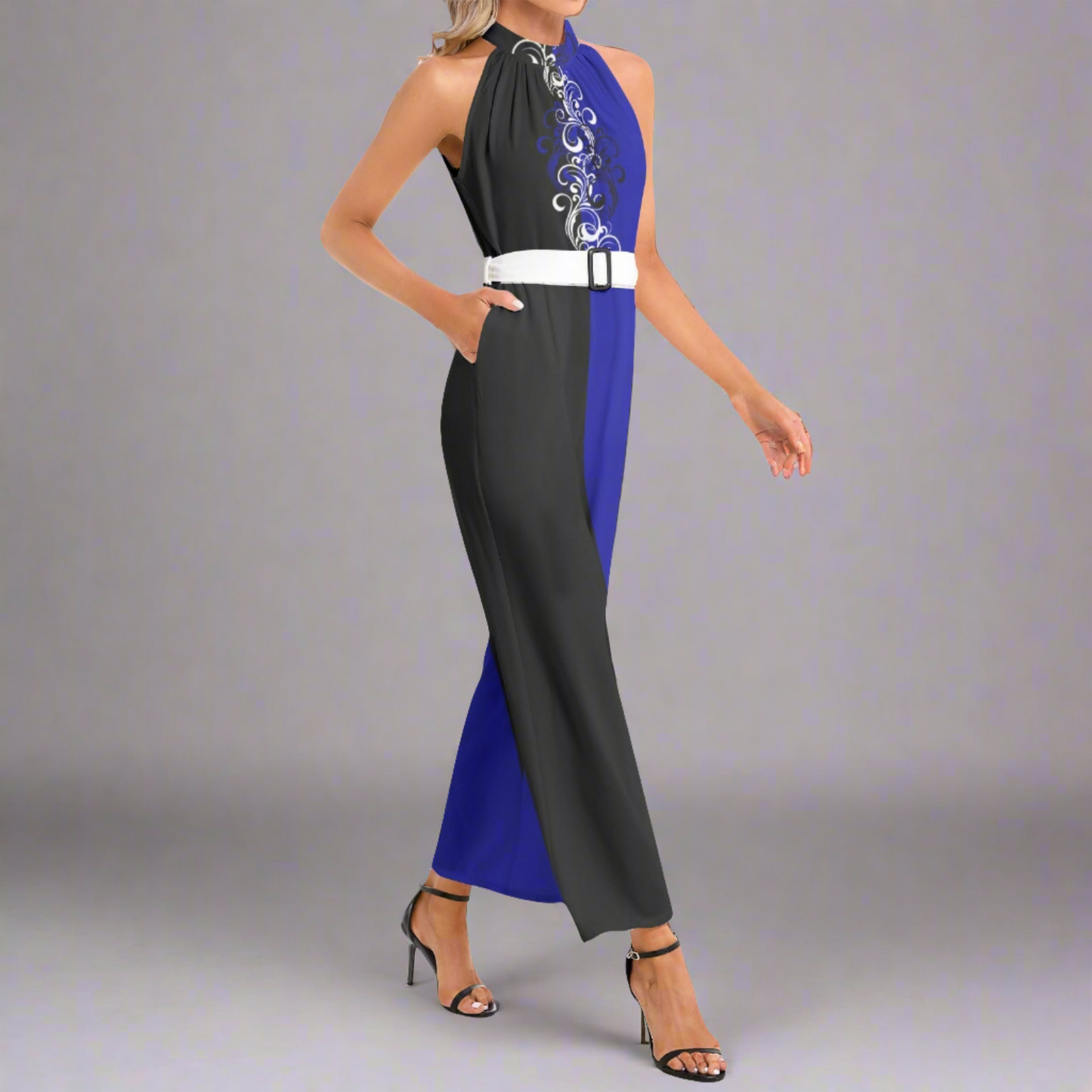 Ebony Blue Halter Neck Belted Jumpsuit