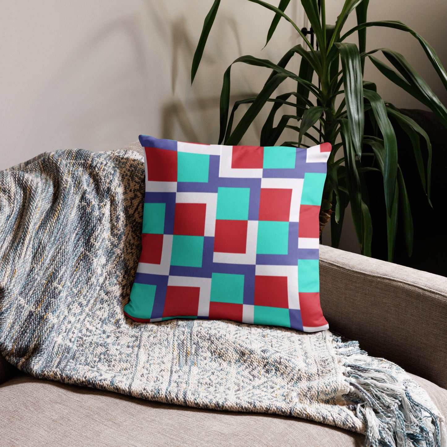 Red and Teal Square Patterned Decorative Accent Pillow - Handcrafted for a Pop of Color and Style in Any Room - Misfit Marketing Design Studios