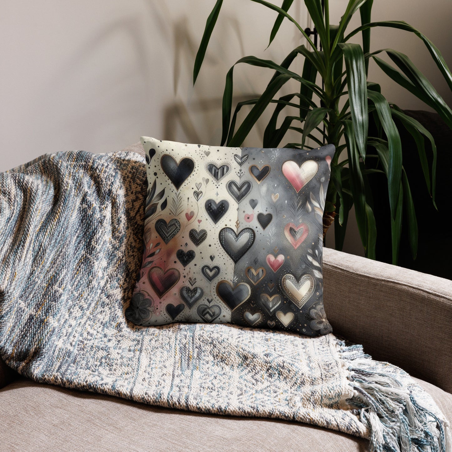 Ebony Chrome Floral Hearts Accent Throw Pillow